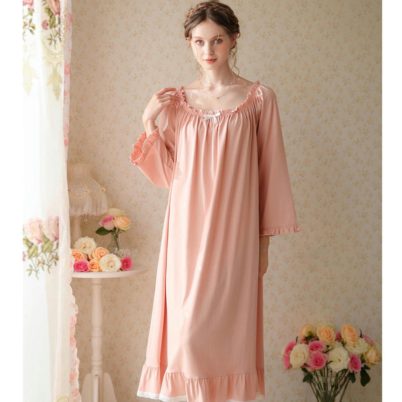 Camicia Notte Donna French Primavera E Autunno Long Cotton Pigia da Donna Maniche Lunghe da Donna Sottili Abiti da Casa di Grandi Dimensioni-Blu di Pavone-XL