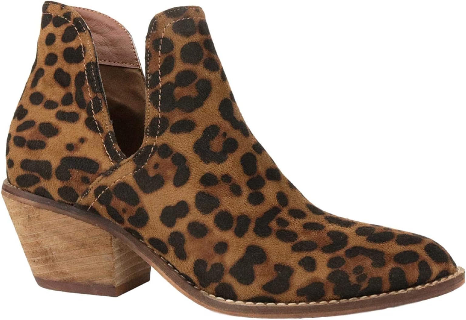 Beast Fashion Sunny-01 Women Western Short Ankle Pointed Toe Booties Boots Animal Leopard Print V Side Cut D'Orsay Leather Block Heel Size Run Big