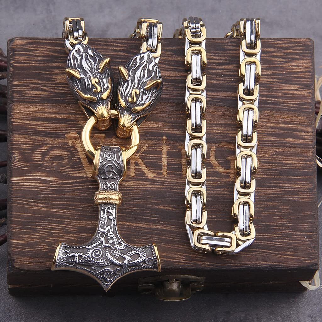 YABEME Thors Hammer Mjölnir Halskette, Nordic Viking Celtic Pagan Amulett Anhänger Schmuck, Herren Edelstahl King Chain Fenrir Wolf Head Link