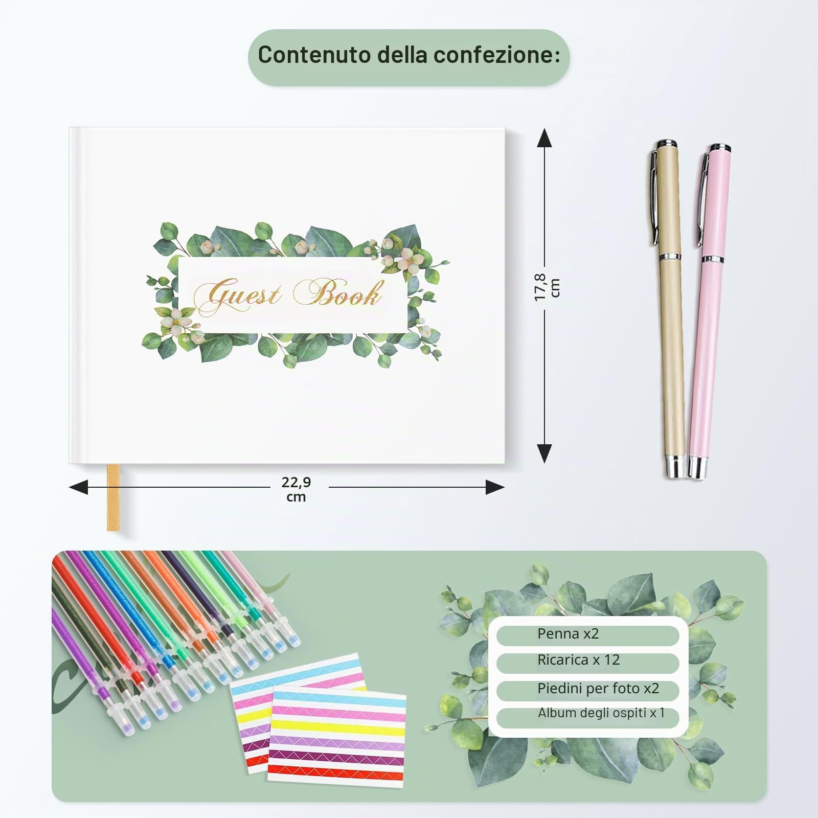 Guest Book, Wedding Guestbook, con Lamina d'oro e Bordi Dorati e Nastro d'oro, Copertina Rigida (9,1x7,1 Pollici)