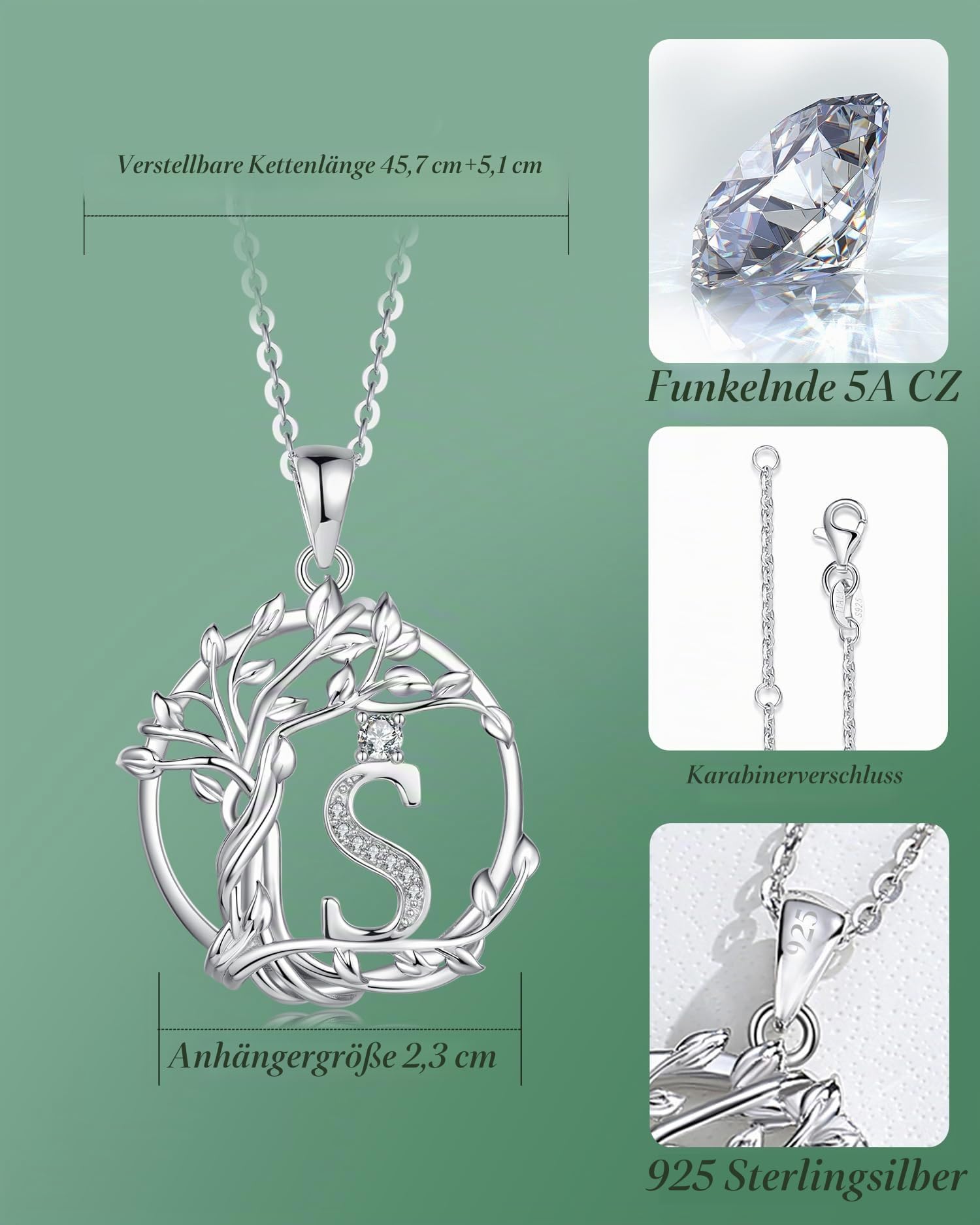 FANCIME Lebensbaum Buchstaben Kette Damen, 925 Sterling Silber A-Z Alphabet Initialen Anhänger Halskette Schmuck Geschenke für Damen Frauen Mädchen, Kettenlänge: 40+5 cm