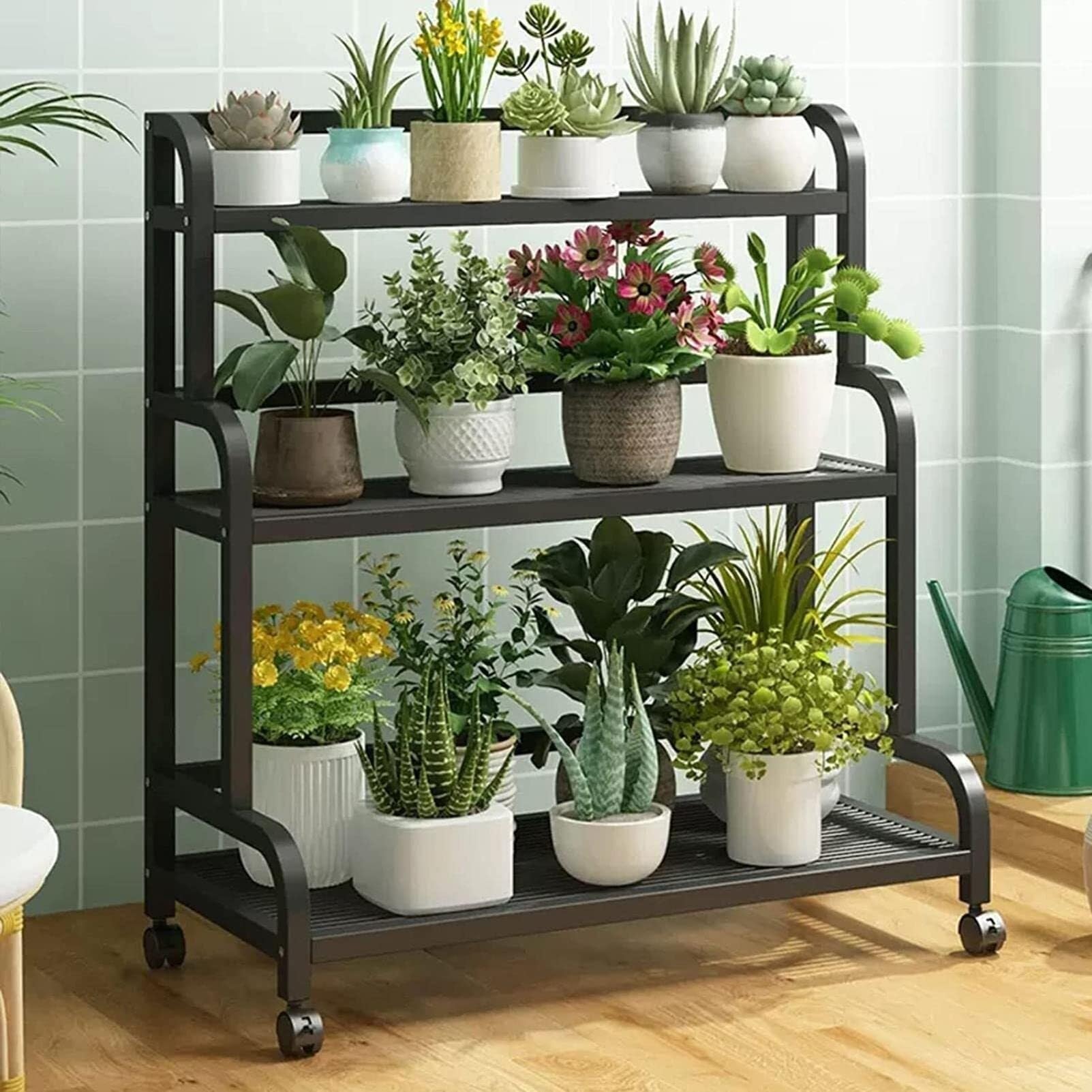 Support à plantes en métal à plusieurs niveaux avec roulettes et hauteur réglable
