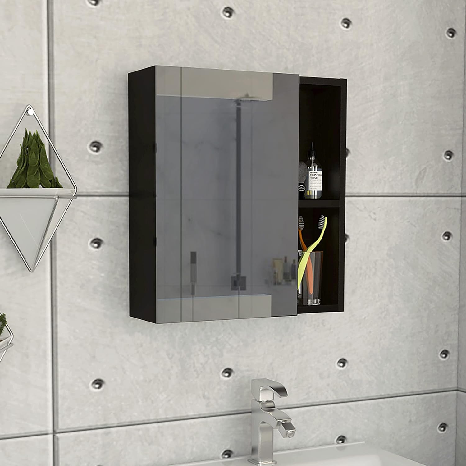 18" Mirror-Door Wall Bathroom Vanity, Bathroom Cabinet with Semi-Open Shelves, Storage Cabinet with Interior Shelves for Bathrooms, Wenge