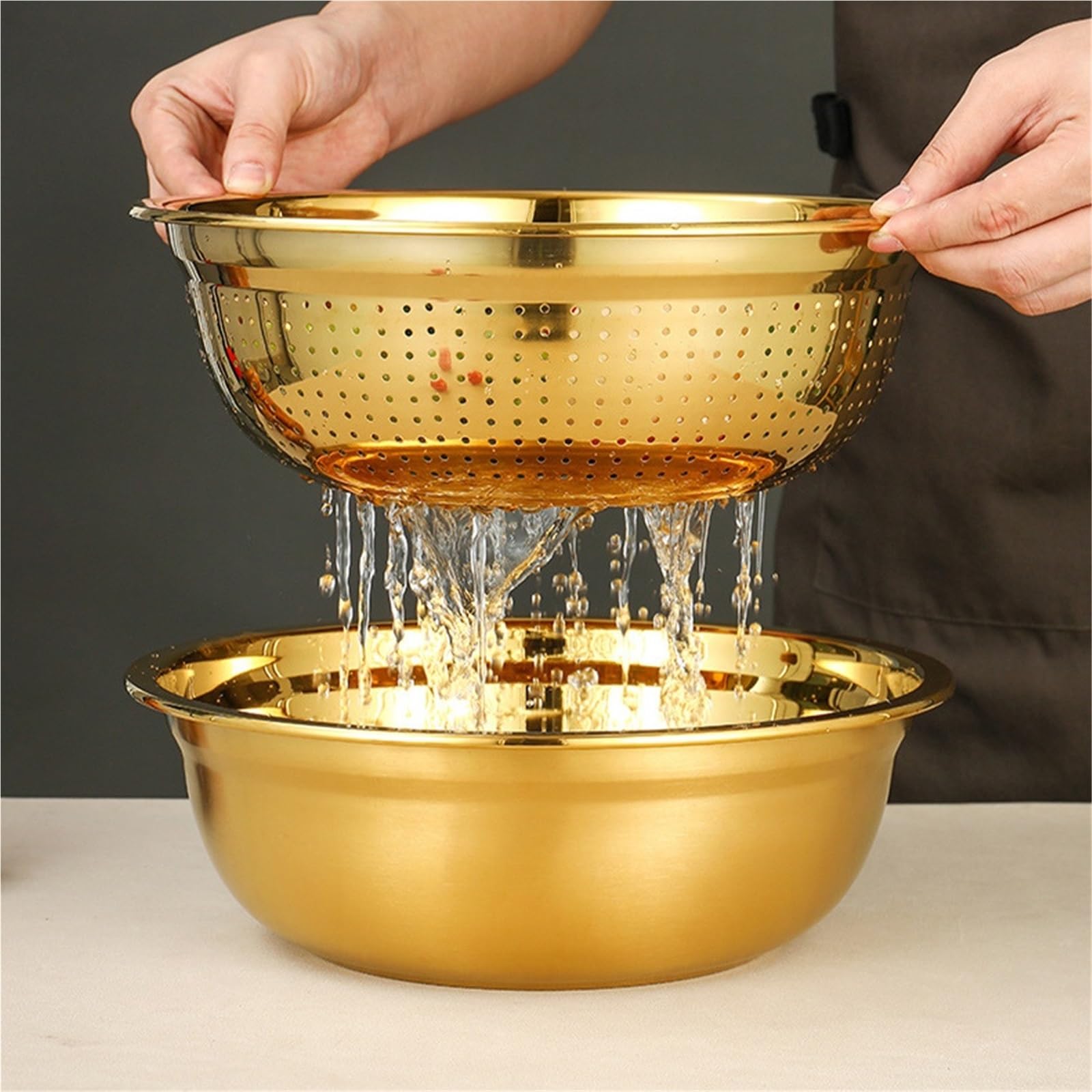 Colador De Arroz De Acero Inoxidable Cesta de drenaje acero inoxidable, colador malla fina, cuenco for mezclar, lavado arroz dorado for escurridor frutas, lavabo y coladores cocina