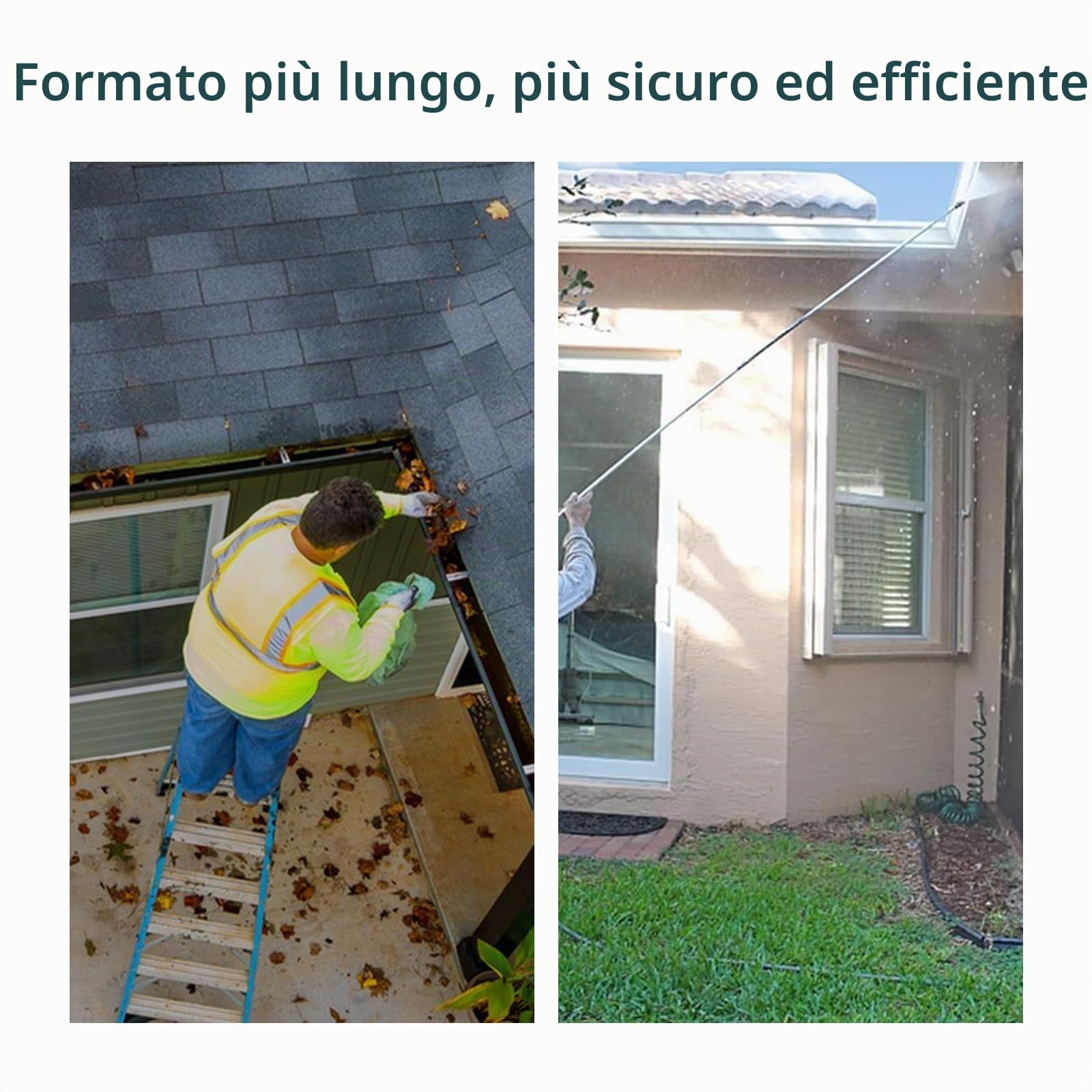Asta di pulizia telescopica ad alta pressione, 7,5 m, strumento di pulizia della grondaia retrattile con 5 punte di ugello spray con manico telescopico per tetto, recinzione, grondaia