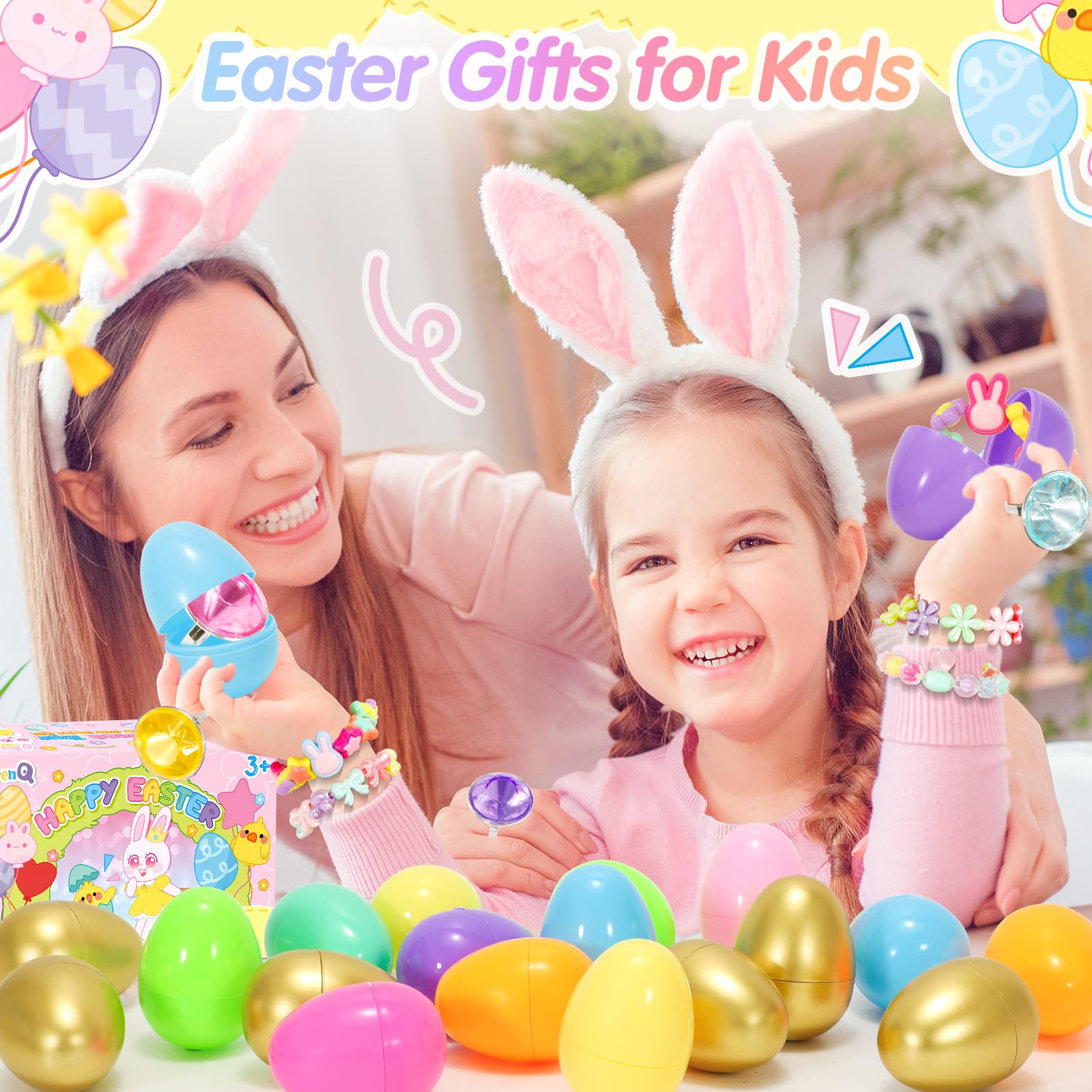 SevenQ - Lot de 24 œufs de Pâques pré-remplis avec bracelets et bagues - Bijoux pour enfants filles - Pour remplir le panier de Pâques - Cadeaux pour enfants - Jouets anti-stress - Favoris pour fêtes