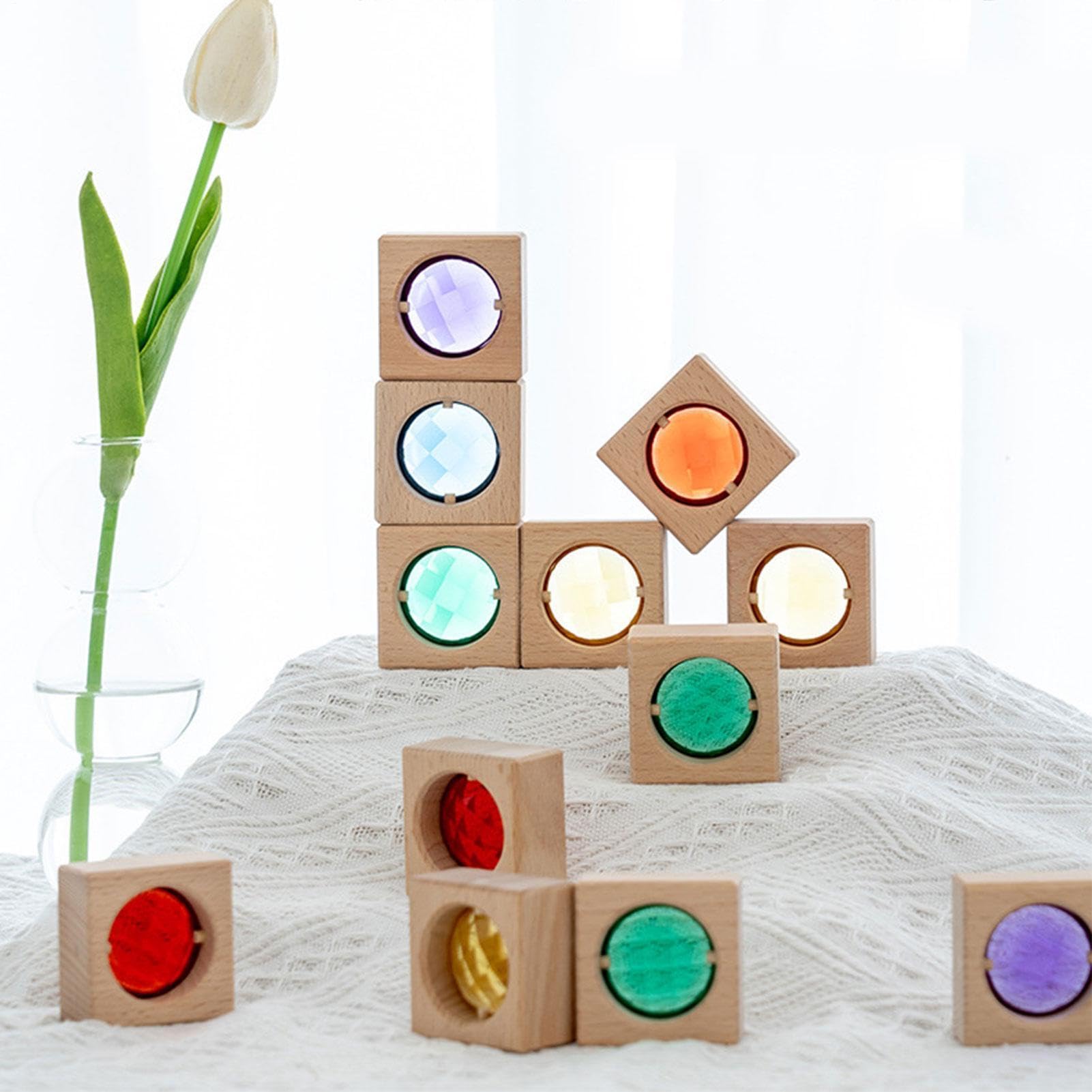 Di Gemme Di Legno - Quadrati Di Costruzione Ad Incastro Con Intarsio | Acrilico, Tavolo Luminoso Per Smistamento Matematico Di Materiale Sensoriale, Cubi Per Lo Sviluppo 'intelligenza Infant