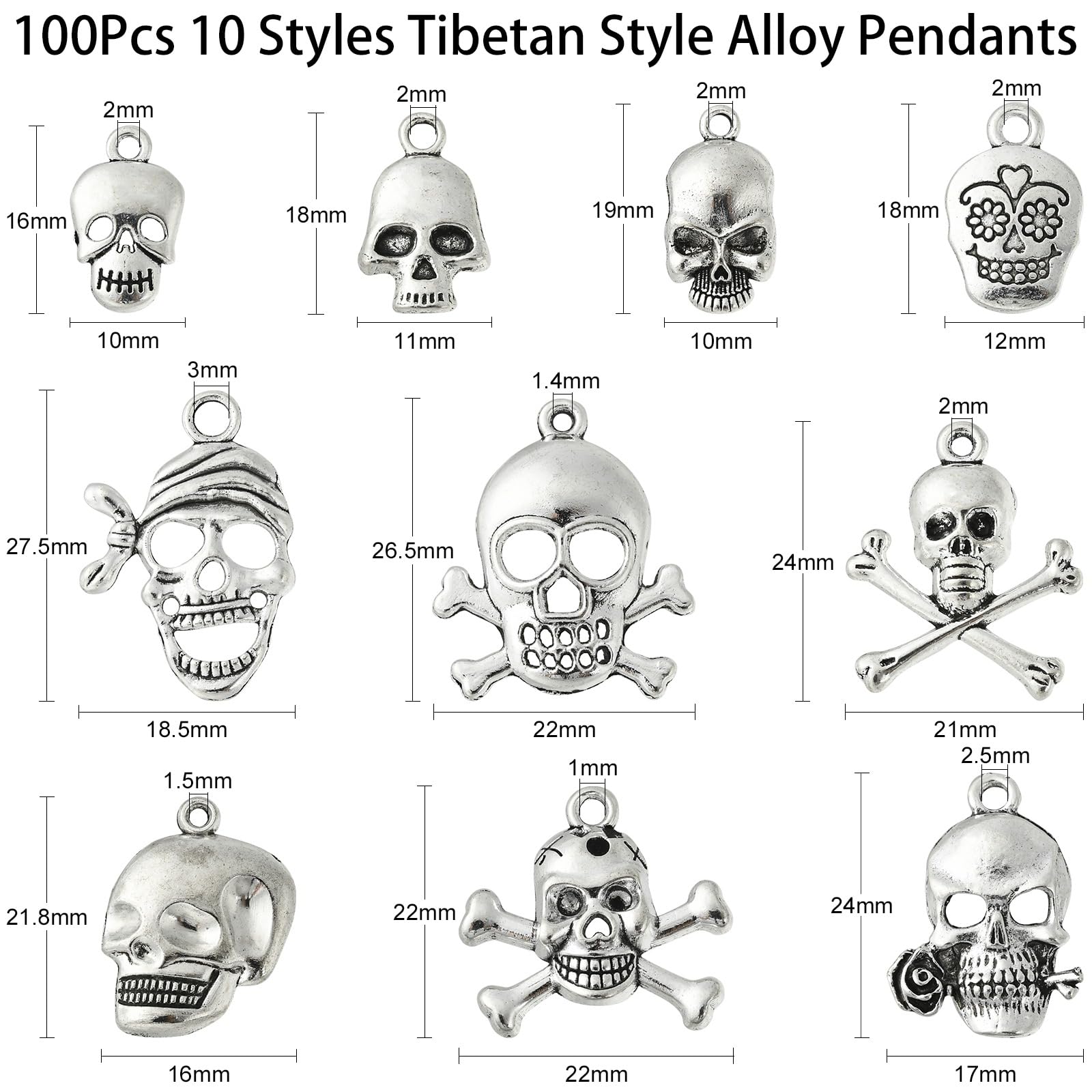 Stiesy 100Pcs 10 Style Tibetan Skull Charms Antique Silver Skeleton Bone Charm Bulk Vintage Halloween Skull Head Dangle for Bracelet Jewellery Making DIY Crafts Necklace - Image 2