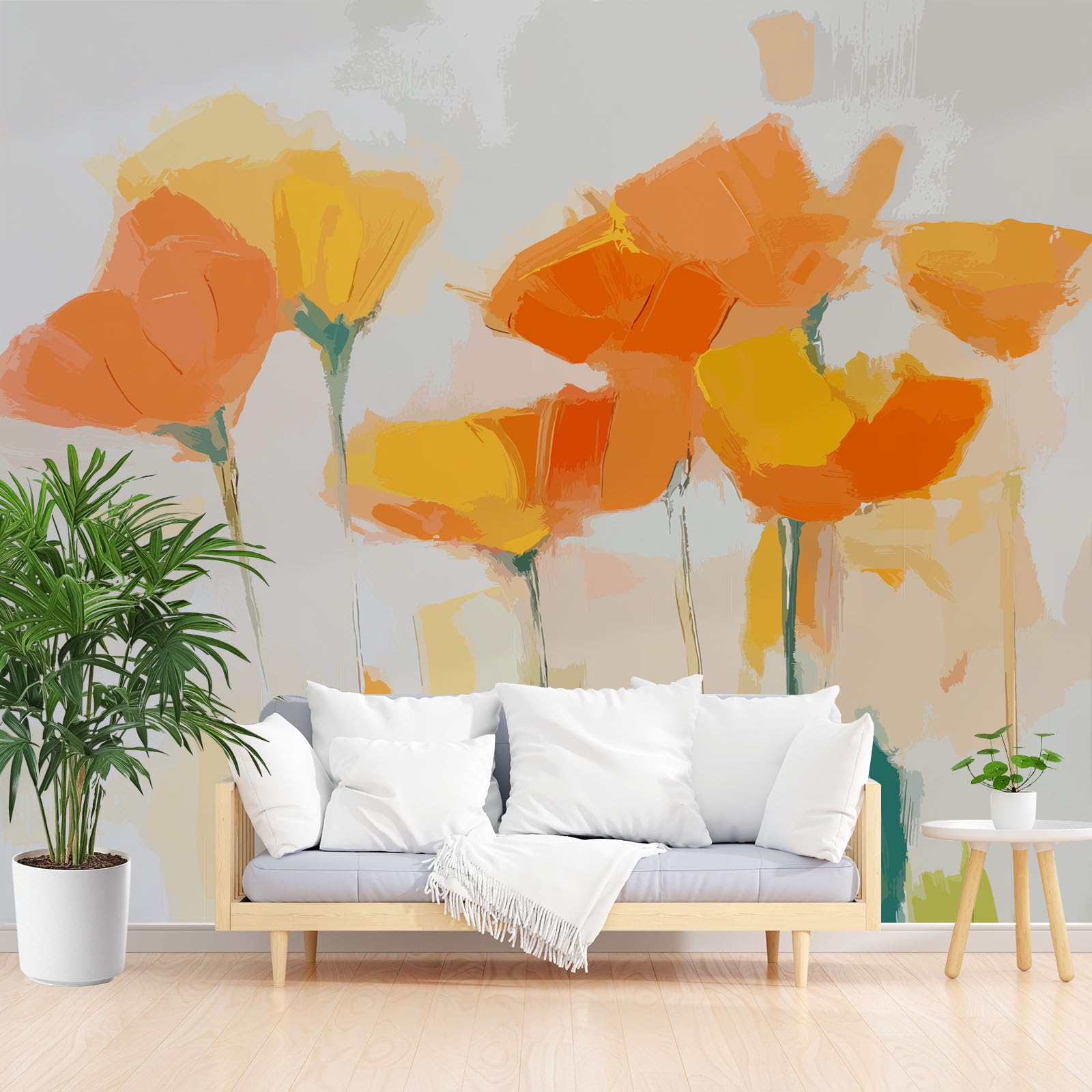 Papier peint intissé fleurs aquarelle panoramique jaune salon chambre 350x256