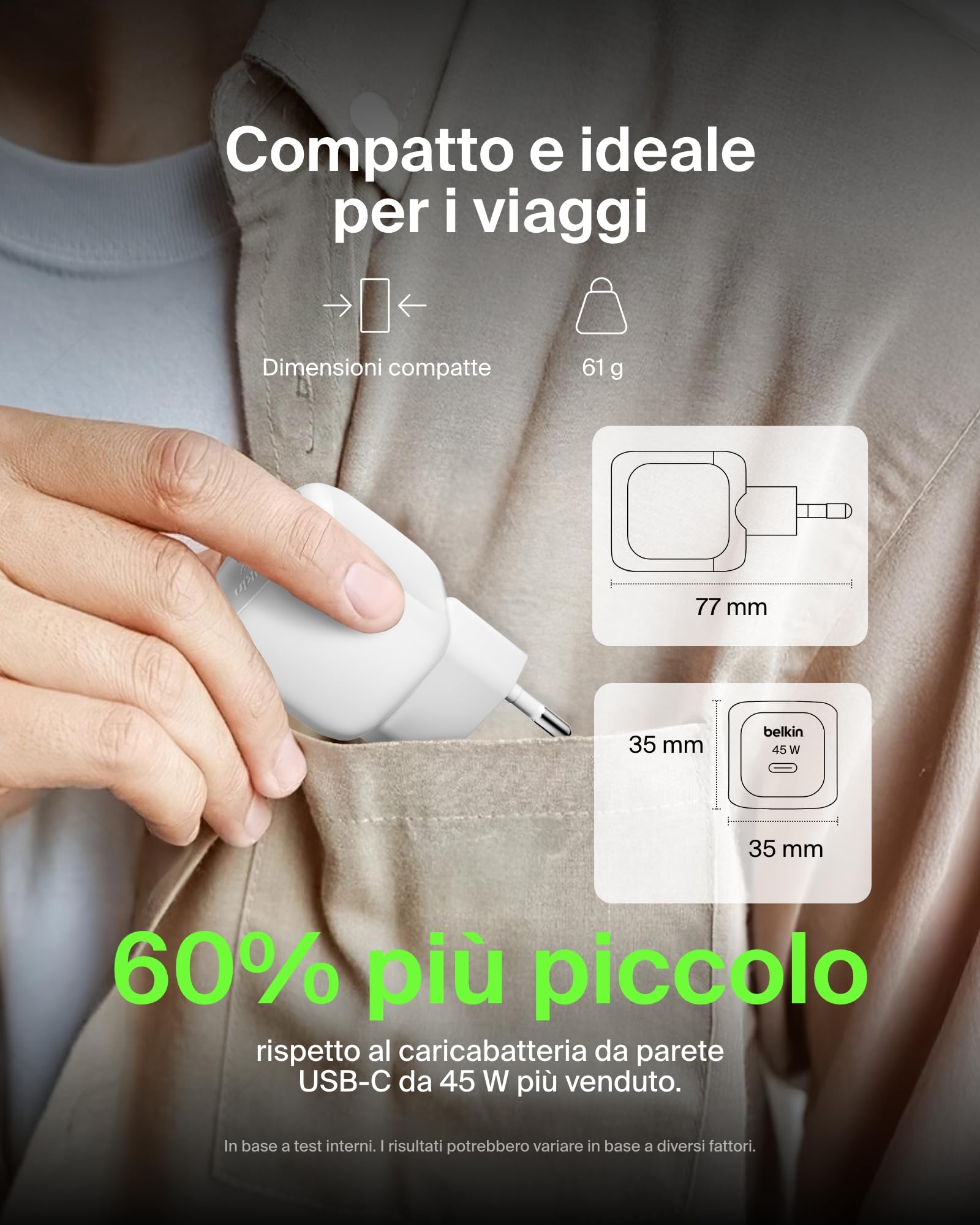 Belkin Caricatore da parete compatto da 45 W, ricarica rapida USB-C Power Delivery per Apple iPhone 16, 16 Plus, 16 Pro, 16 Pro Max, 15 Series, Samsung Galaxy S25, iPad, AirPods e altri, bianco