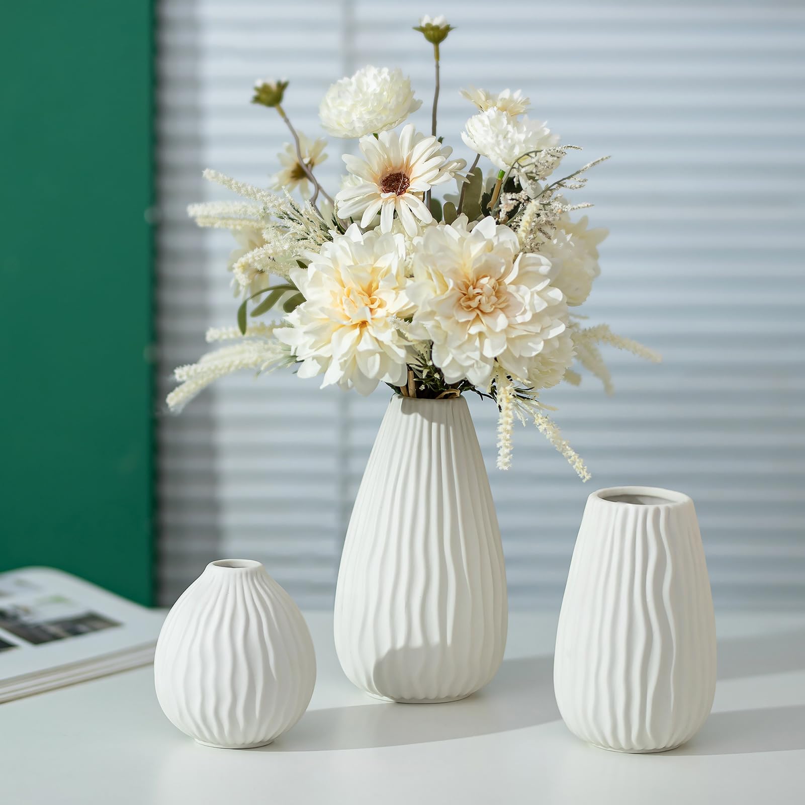 NUPTIO White Pampas Grass Vase: Decorative Modern Ribbed Flower Vases for Living Room Shelf Kitchen Window - 20cm+16cm+11cm Small Boho Centrepiece for Table Decor Set of 3