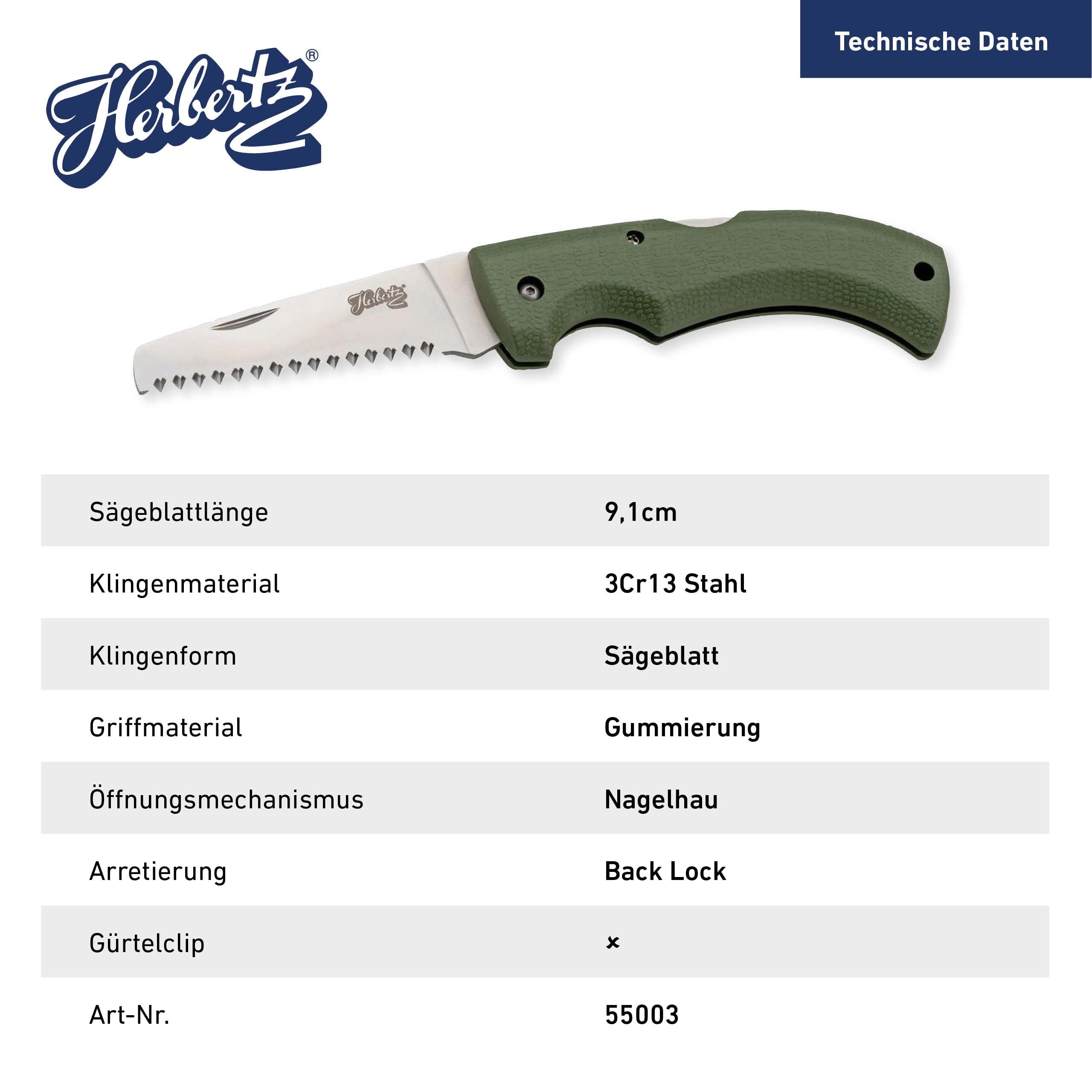 Herbertz Klappsäge aus rostfreiem 3Cr13 Stahl, robuste Back-Lock Arretierung, 21.6 cm, Outdoor-Handsäge für Garten, Camping oder Wandern
