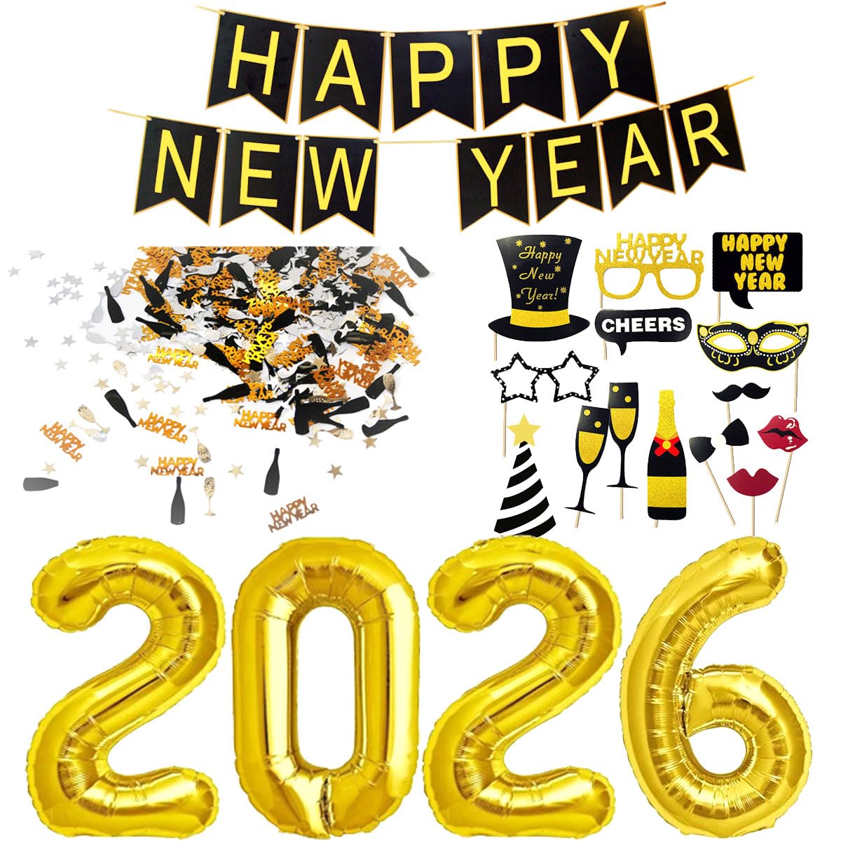 New Year's Eve Decoration 2026, Happy New Year Banner + 2026 Giant Foil Balloons + New Years Eve Photo Booth Props + Black Gold Silver Happy New Year Confetti