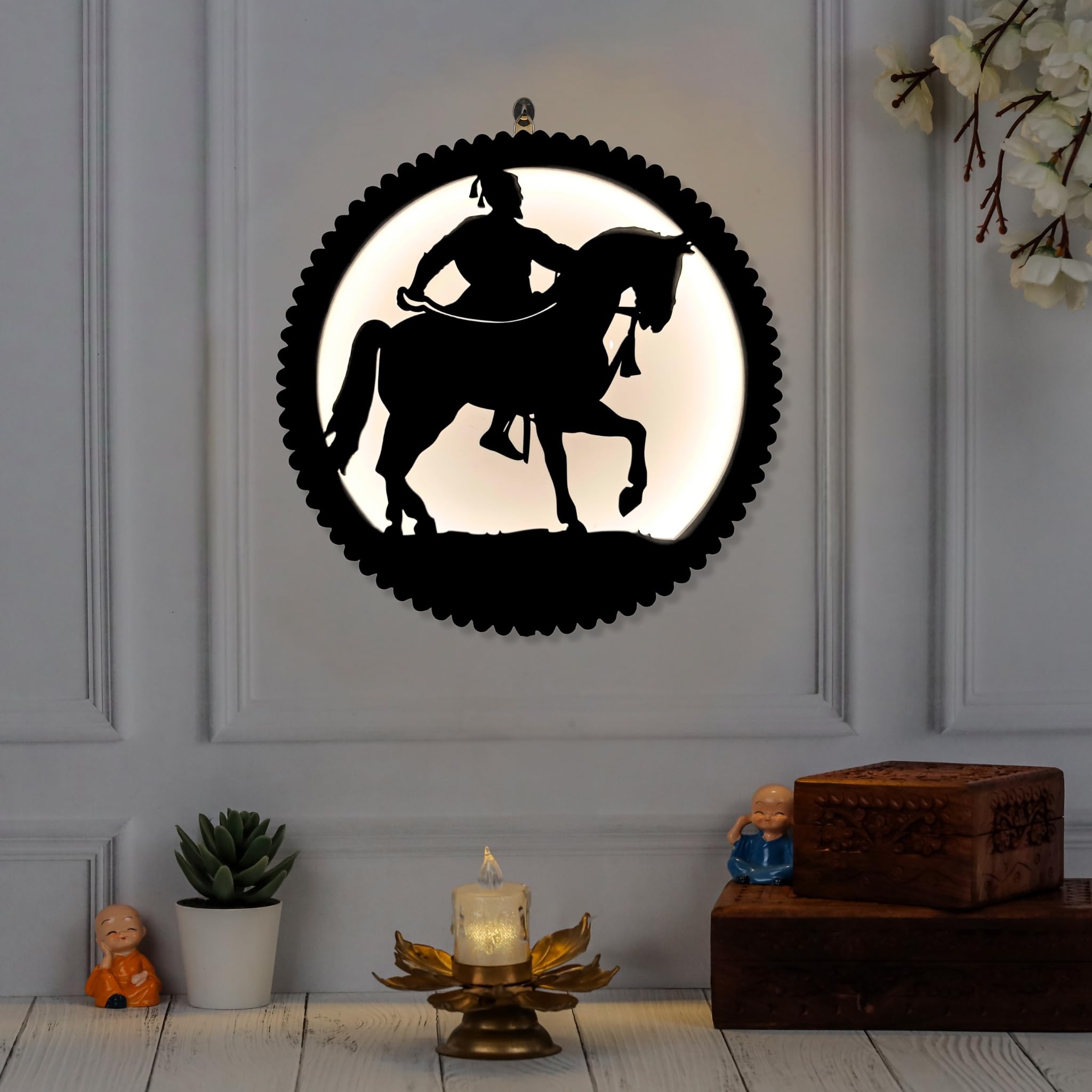 LASER ART Premium LED Backlit Wooden Wall Hanging of Chhatrapati Shivaji Maharaj on Horse | Decorative Laser Cut Silhouette Art for Home, Office, Living Room, and Gifting
