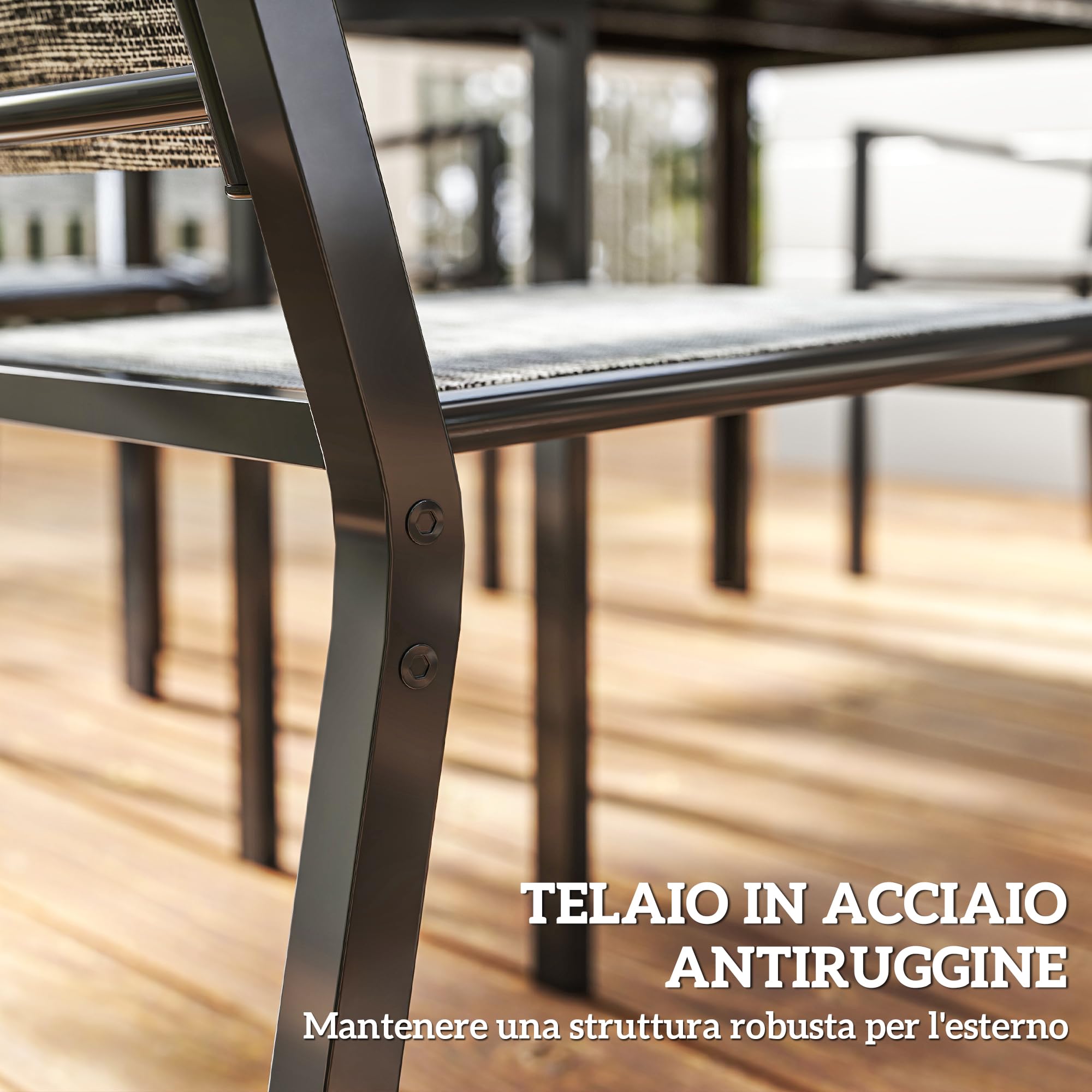 Outsunny Set Tavolo da Giardino 7 Pezzi, Pranzo con Sedie Impilabili, Acciaio Texteline Grigio Nero