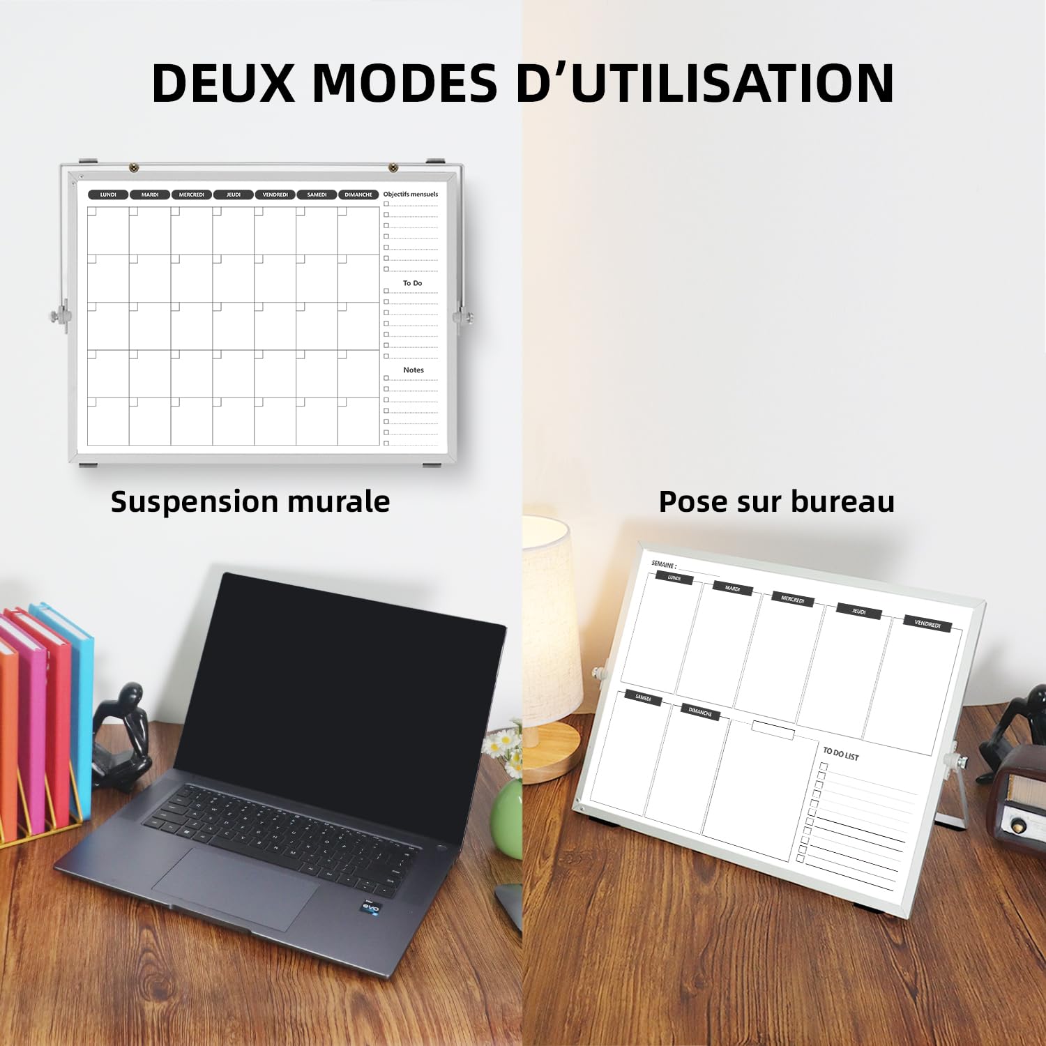 Calendrier Tableau blanc Double face 40×30cm Planificateur Semaine Mensuel effaçable