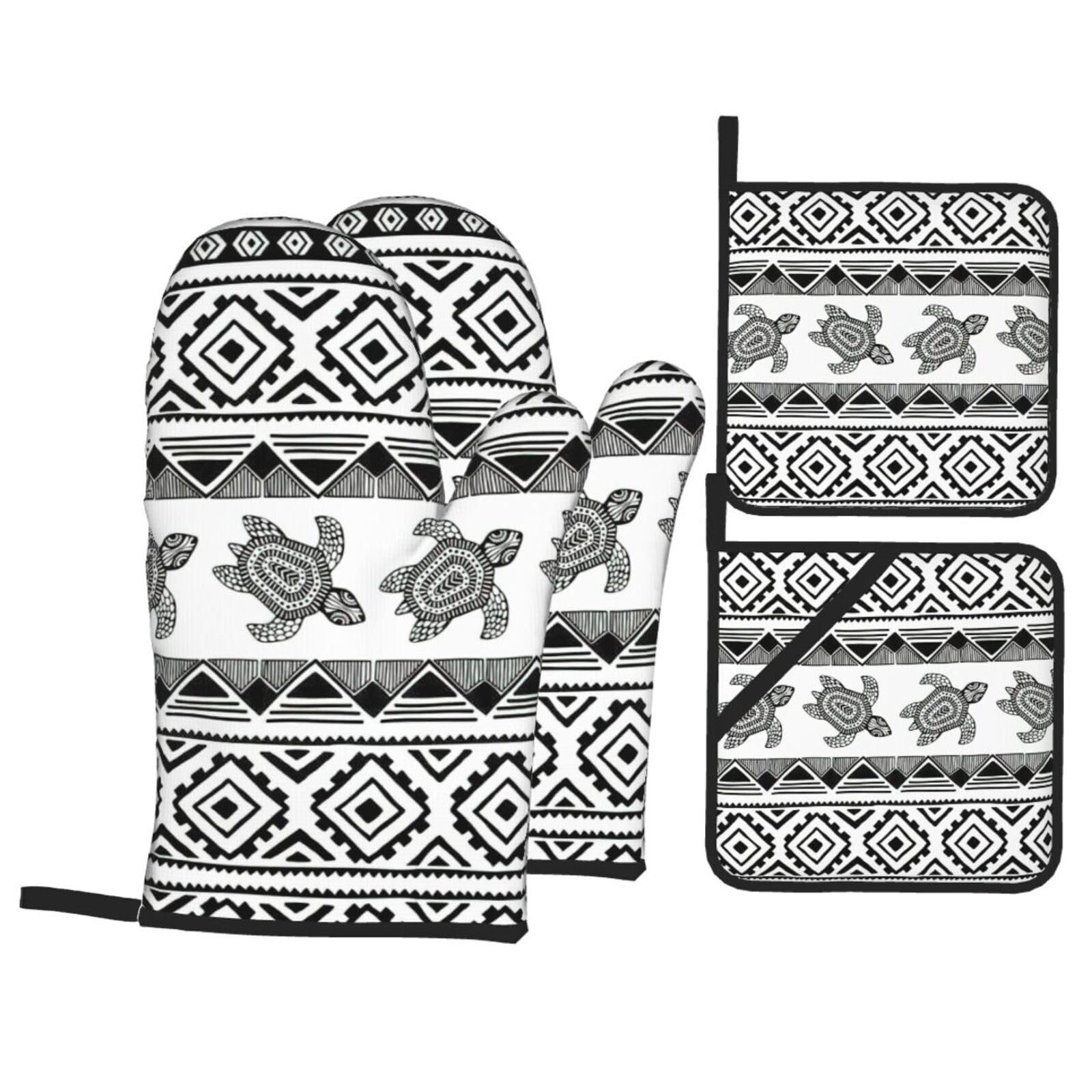 Ethnic Turtle Striped Print Oven Microwaving Waterproof Kitchen Gloves for Baking Grilling Holiday Cooking