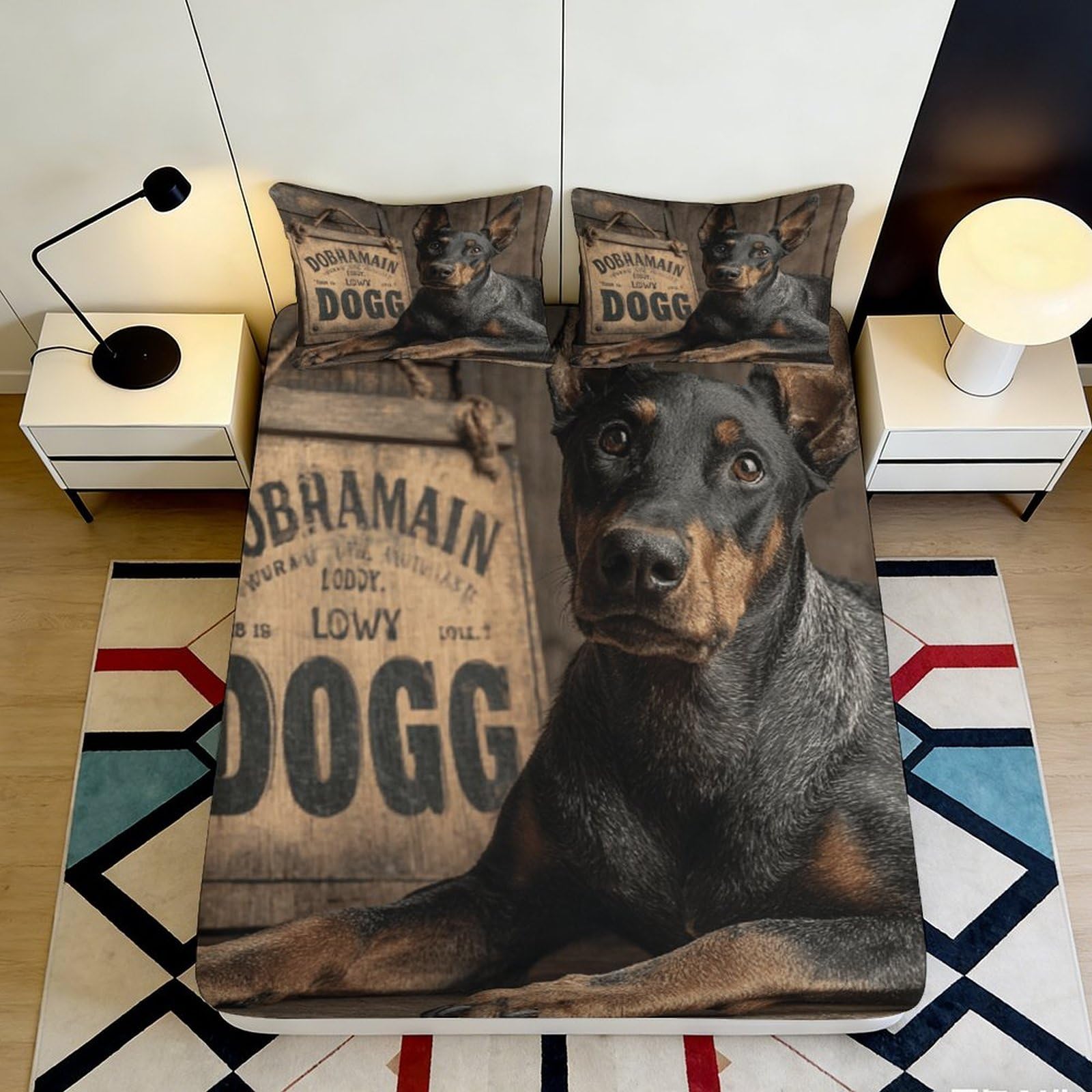 3D Printed Doberman Dog Fitted Sheet Microfiber Anti-Slip Mattress Cover for Bedroom Guest Room Machine Washable Decor 90x200x25cm