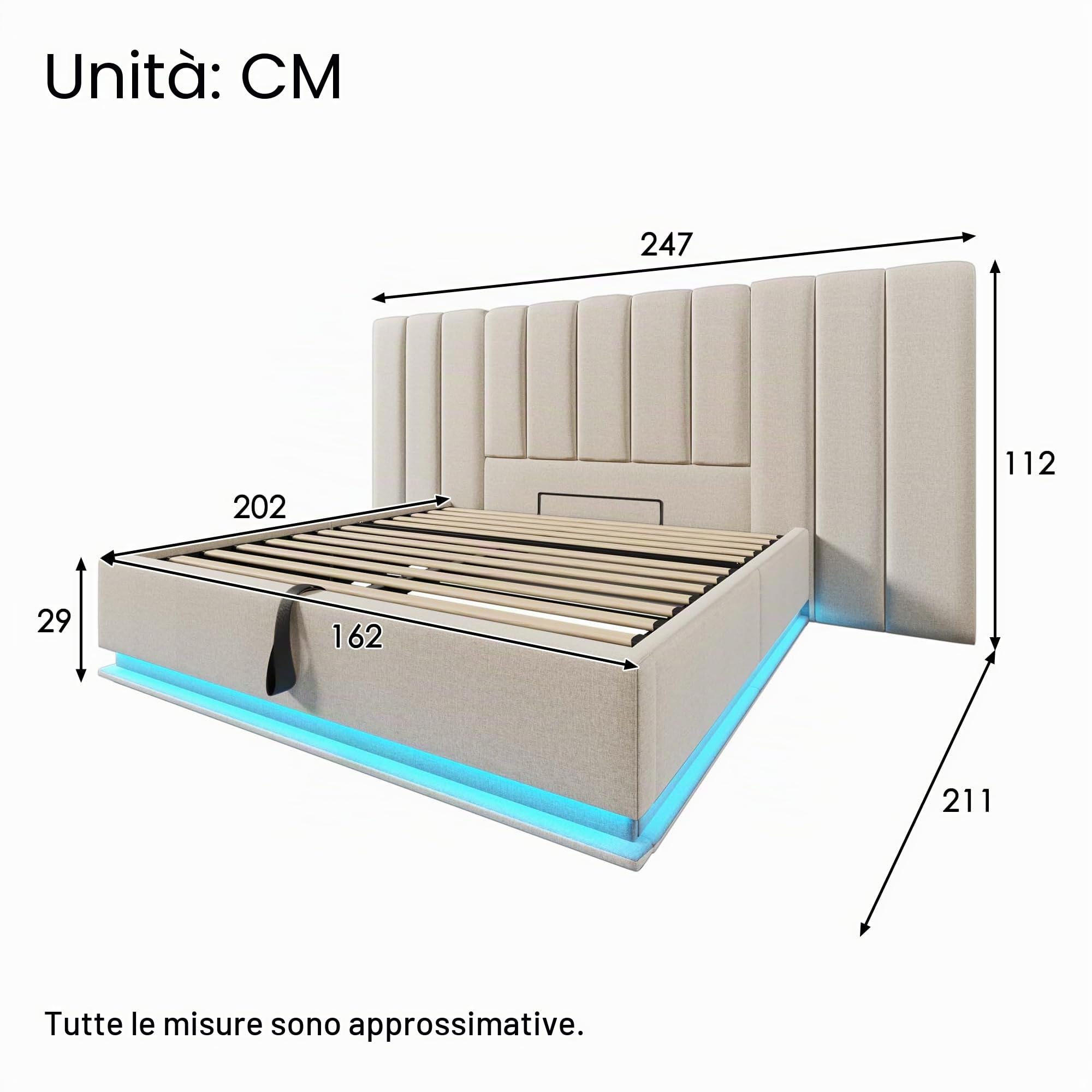 Moimhear Letto imbottito, letto matrimoniale con contenitore con controllo App LED e funzione di ricarica USB-C, lino, senza materasso e comodino (beige, 160 x 200 cm)