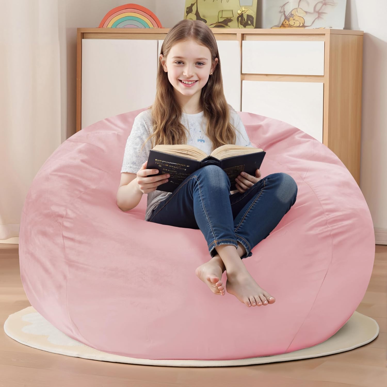 Homguava Bean Bag Chair: Bean Bags with Memory Foam Filled,Comfy Beanbag Chairs Round Bean Bag Sofa with Dutch Velvet Cover-2FT-28 x28 x22,Light Pink