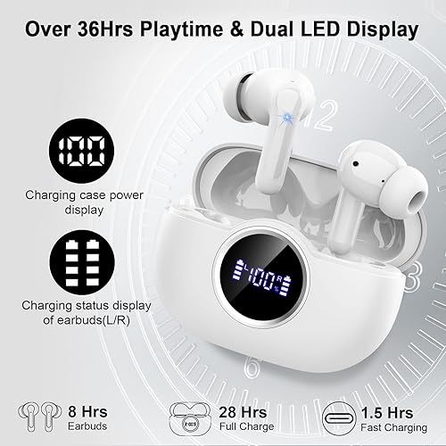 Miniatura 6 de Auriculares inalámbricos, auriculares Bluetooth 5.4 2025 3D Hi-Fi estéreo Bass Earbuds, 4 ENC micrófono con cancelación de ruido, auriculares