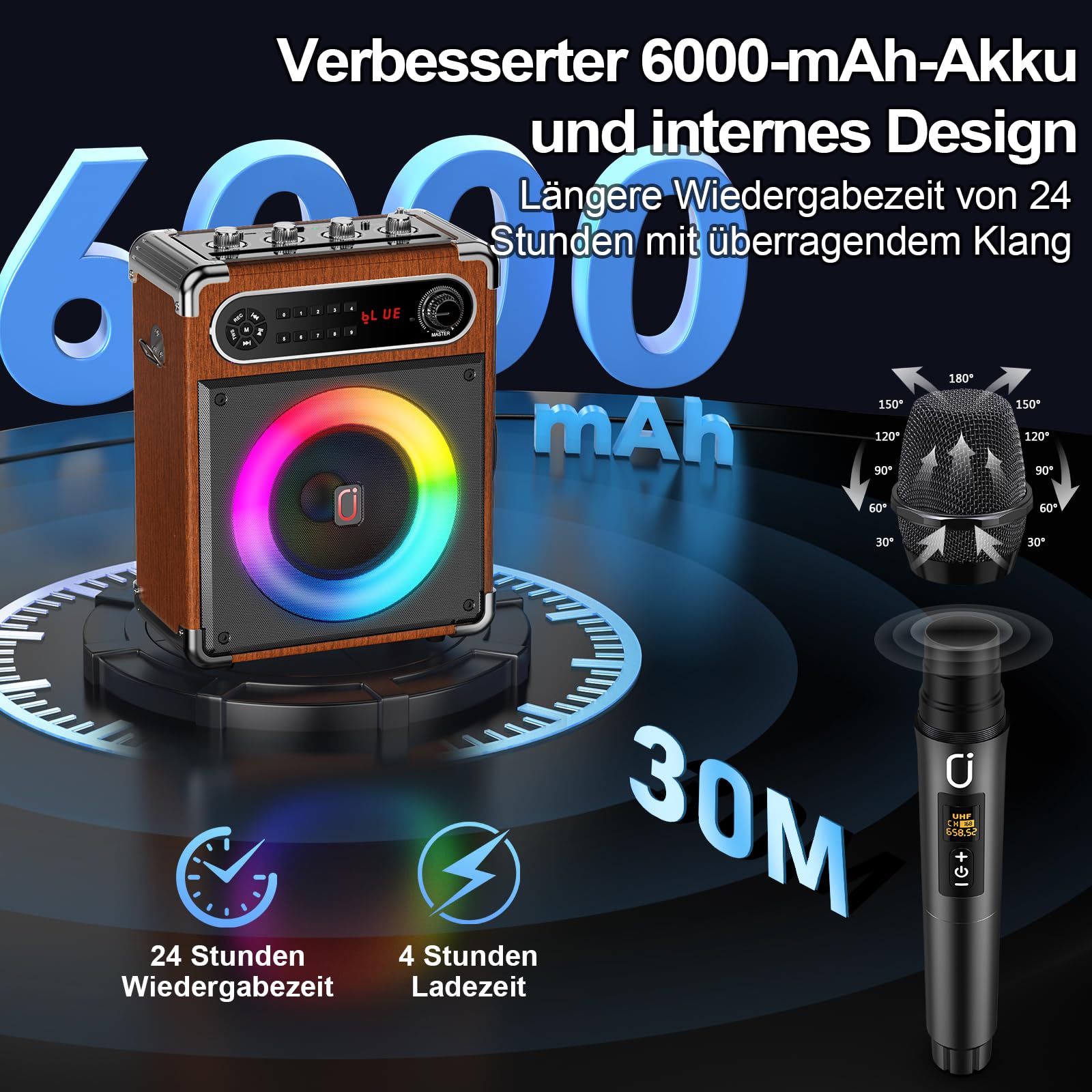 JYX Karaoke Maschine, Karaoke Anlage mit 2 Mikrofonen, Tragbare Bluetooth 5.3 Karaoke Box, 80W PA Anlage mit RGB-Lichtern, Bass/Höhen/Echo, TWS/FM/TV/AUX/USB/TF/REC für Familie, Party, Outdoor(Wood)