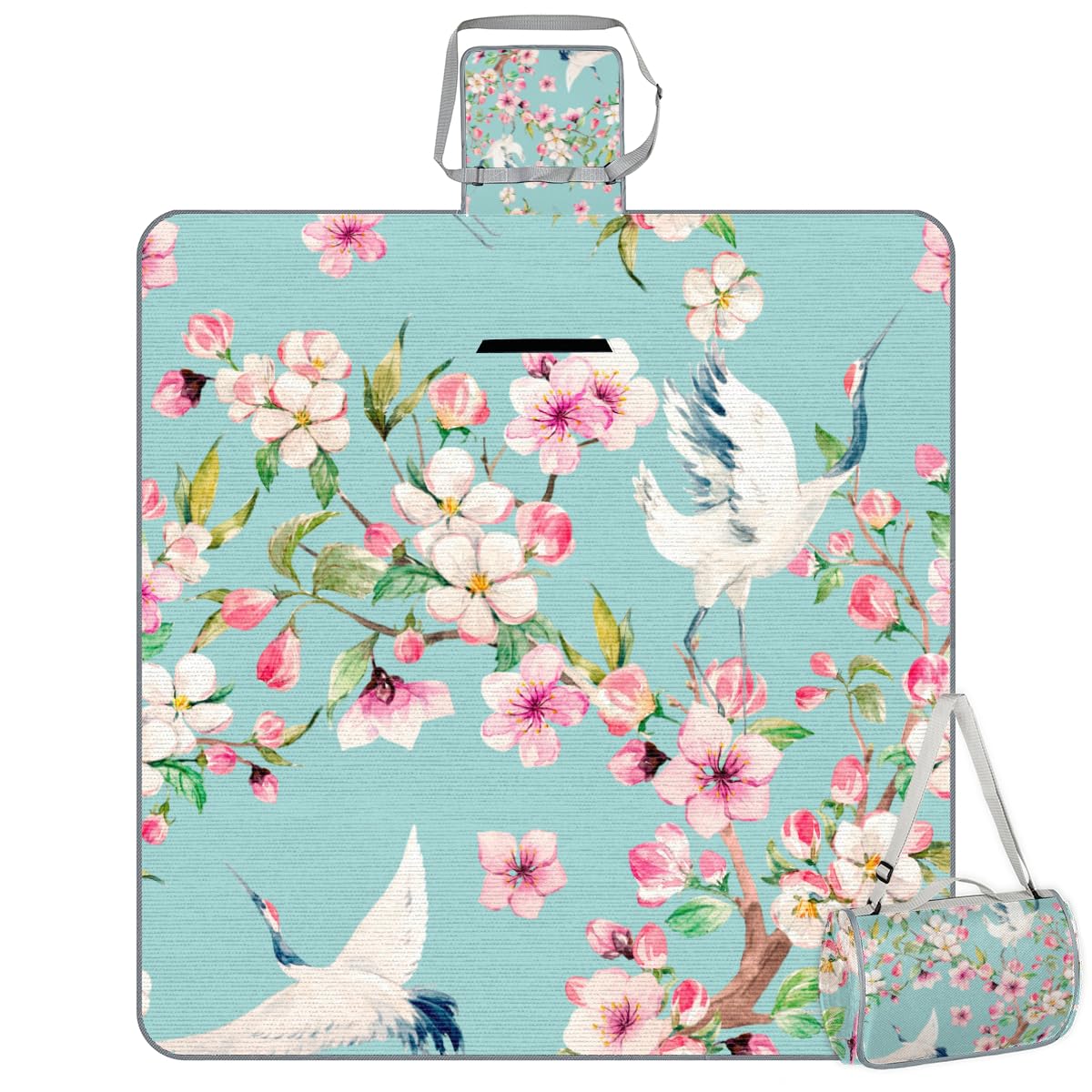 Shimoshe Picnic Blankets 57”x 59”, Cherry Blossom Branch Crane Waterproof Sandproof Picnic Mat Lightweight Foldable Beach Blanket for Camping Park Grass Beach Outdoor Blanket