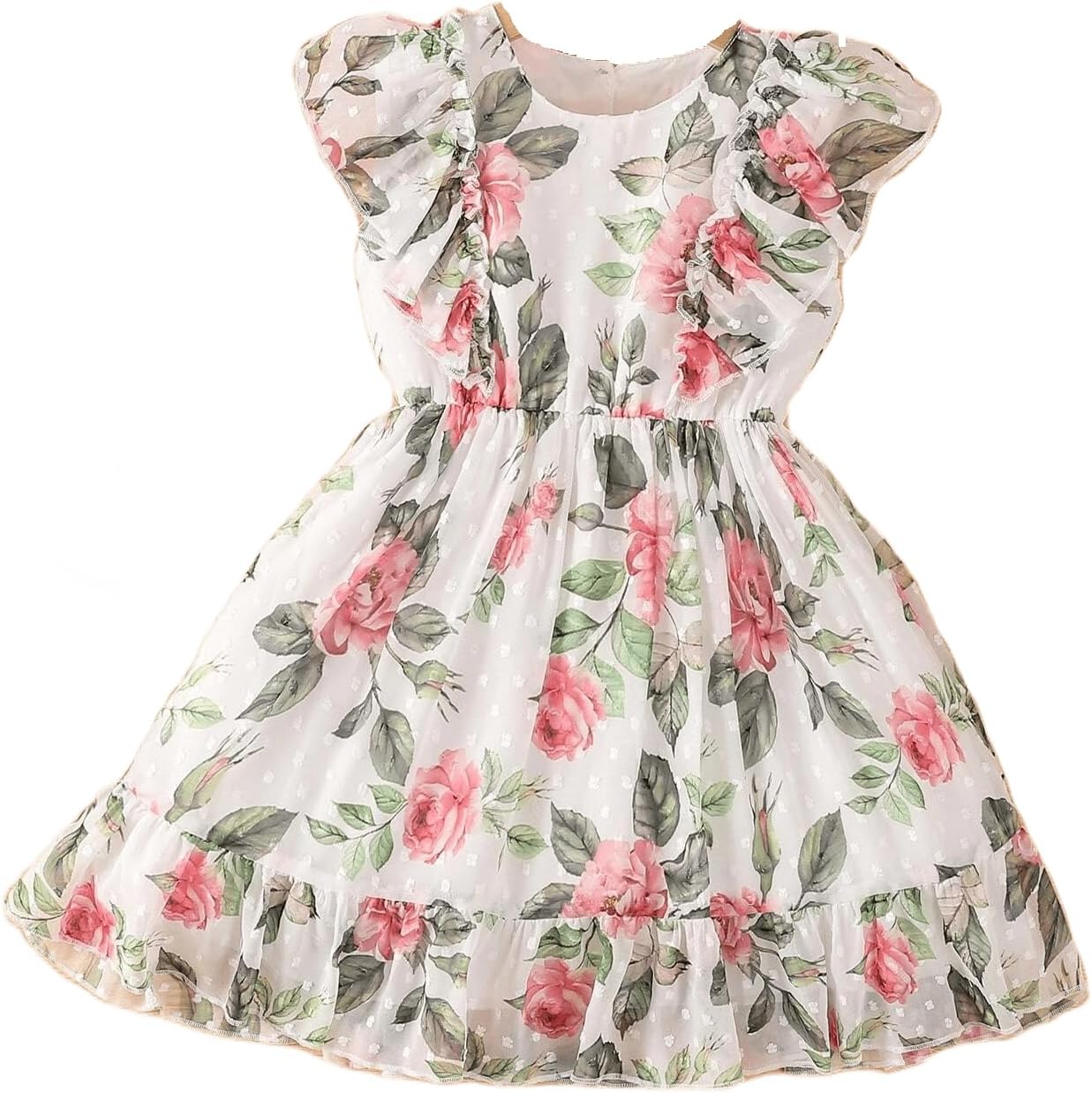 TAGAS Girls Swiss Dot Floral Print Dress Sleeve Less Round Neck Elastic Waist Dress for Girls(KD-399)