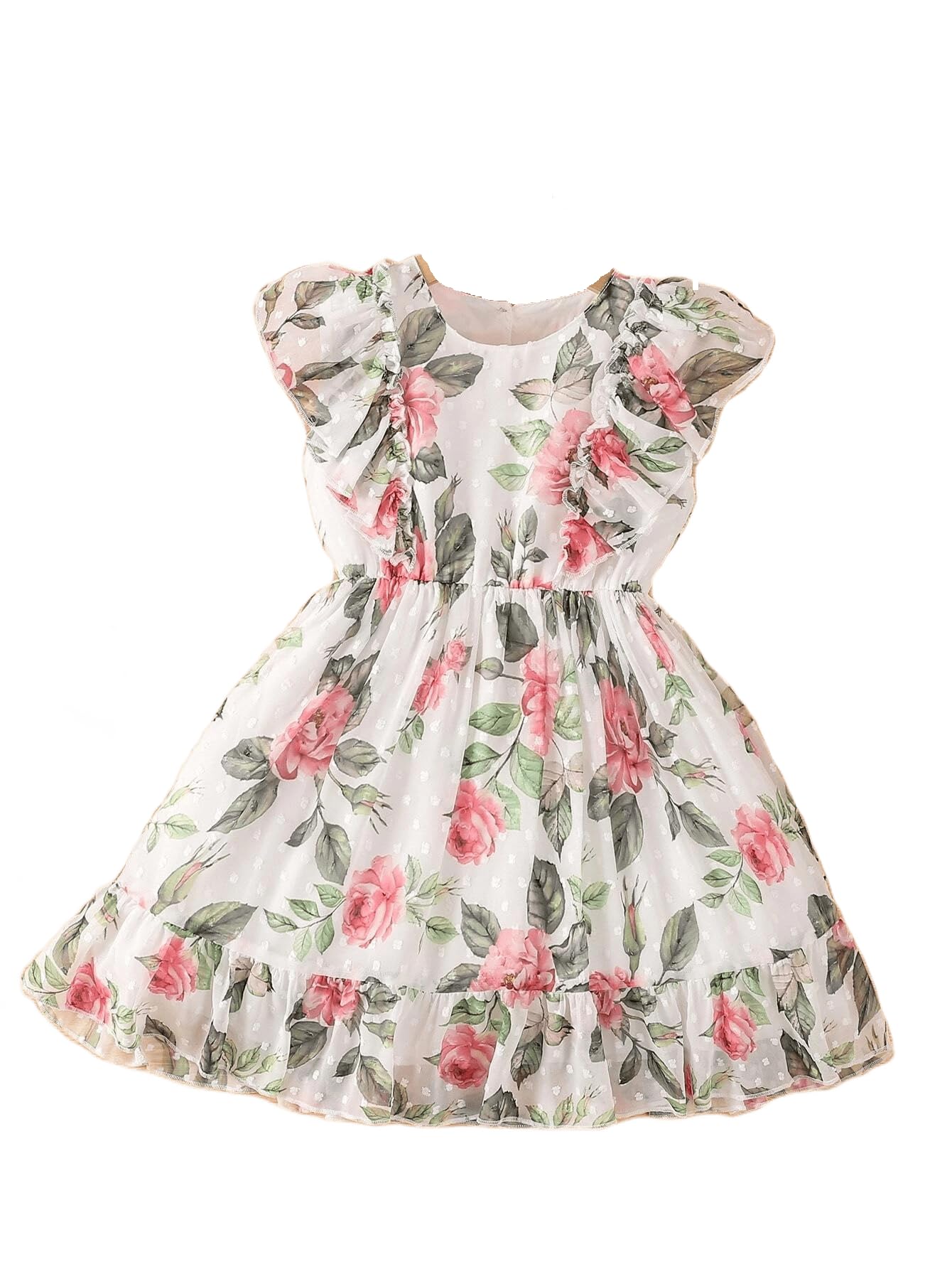 TAGAS Girls Swiss Dot Floral Print Dress Sleeve Less Round Neck Elastic Waist Dress for Girls(KD-399)