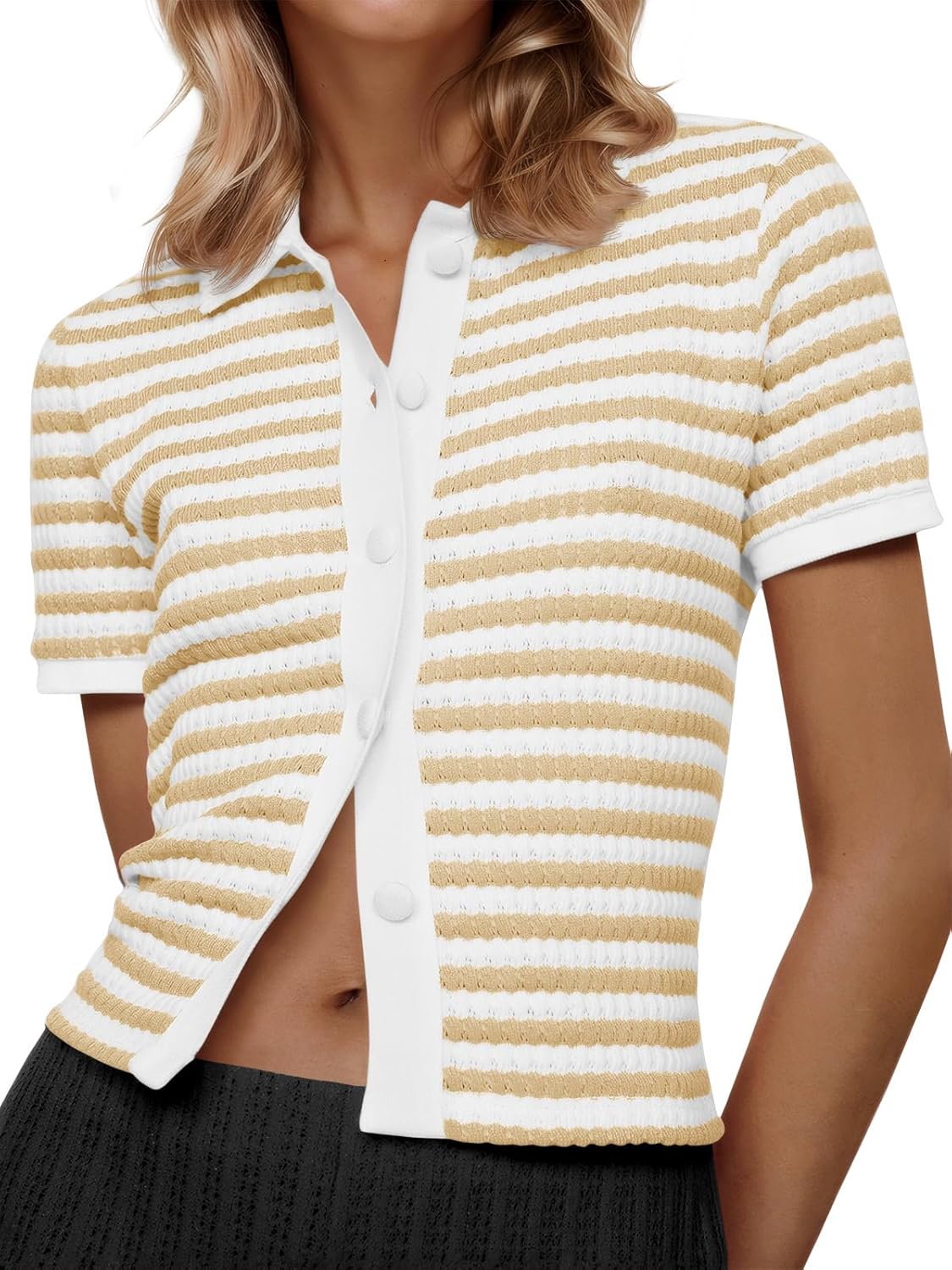 Saodimallsu Womens Striped Short Sleeve Sweater Tops Polo Collared Button Crochet Summer Cropped Cardigan