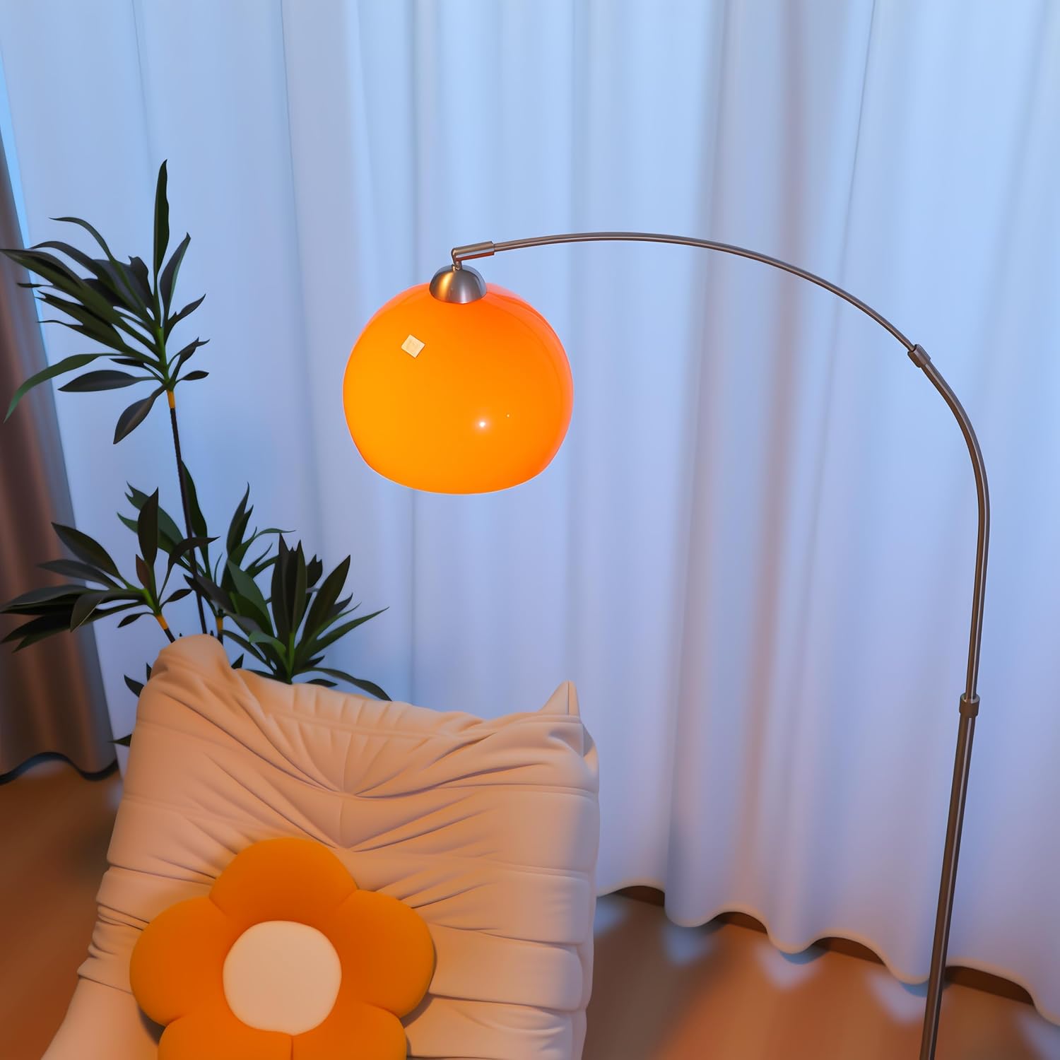 Orange Arc Floor Lamp, Mid Century Modern Arched Floor Lamp with Orange Glass Shade, Adjustable Height & Reach, Brushed Nickel Stainless Steel, White Marble Base Standing Lamp for Living Room Bedroom