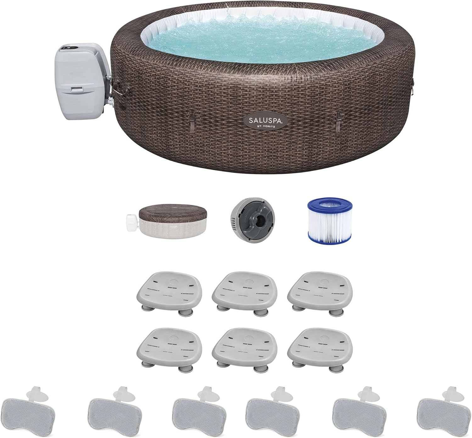 Bestway Coleman St Moritz AirJet Inflatable Hot Tub with EnergySense Cover, 6-Pack SaluSpa Spa Seat and 3 Sets of SaluSpa Padded Headrest Pillows