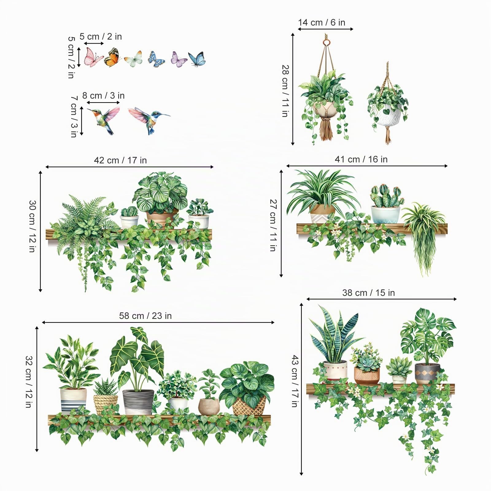 decalmile Pegatinas de Pared Plantas en Macetas Vinilos Decorativos Hoja Tropical Verdes Pájaros Mariposa Adhesivos Pared Salón Dormitorio Habitación
