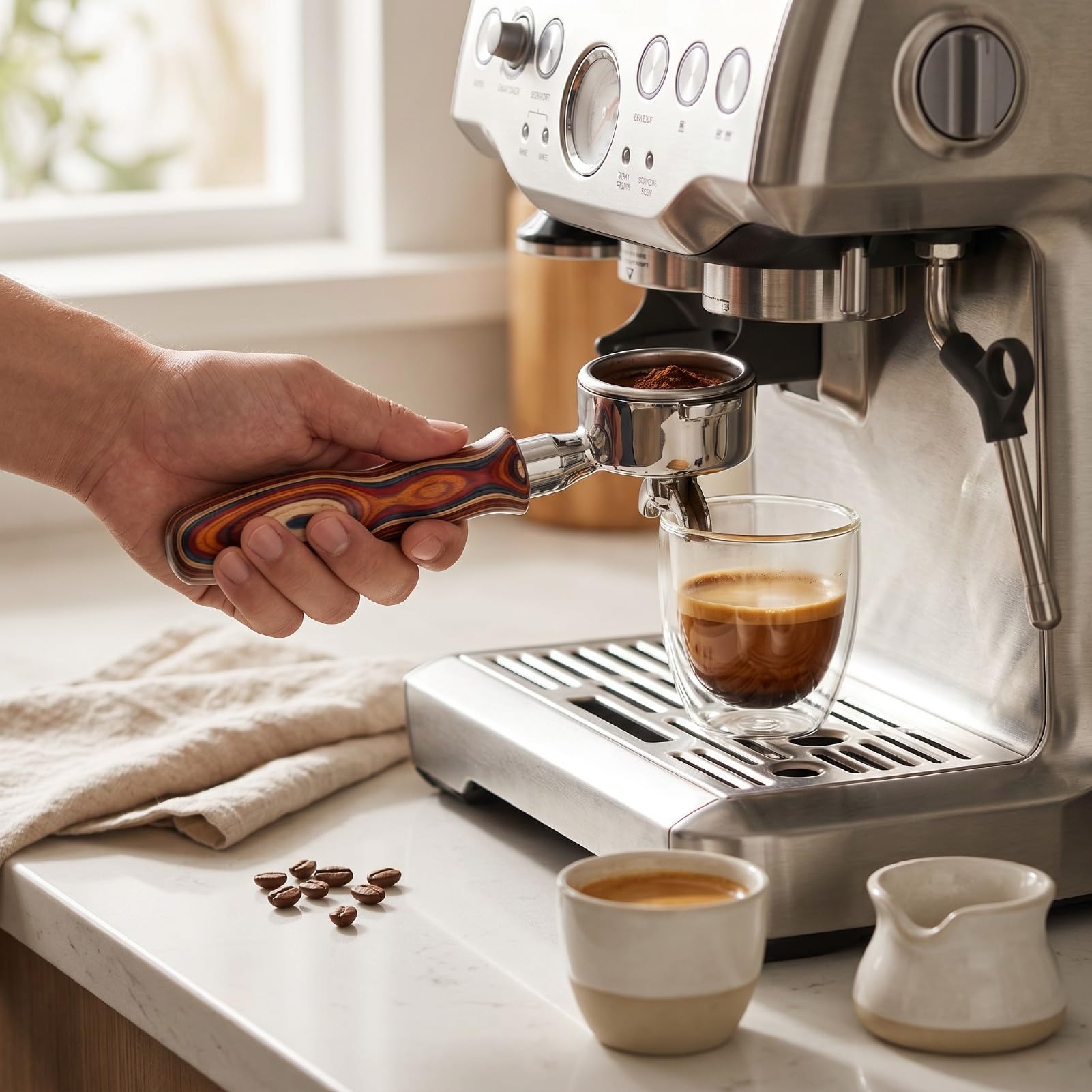 Qcwwy Portafiltro de 51 Mm para, de Madera de Abedul for Preparación de café en Casa | Preparación precisa, agarre estable, herramienta profesional para barista, apta para serie 9