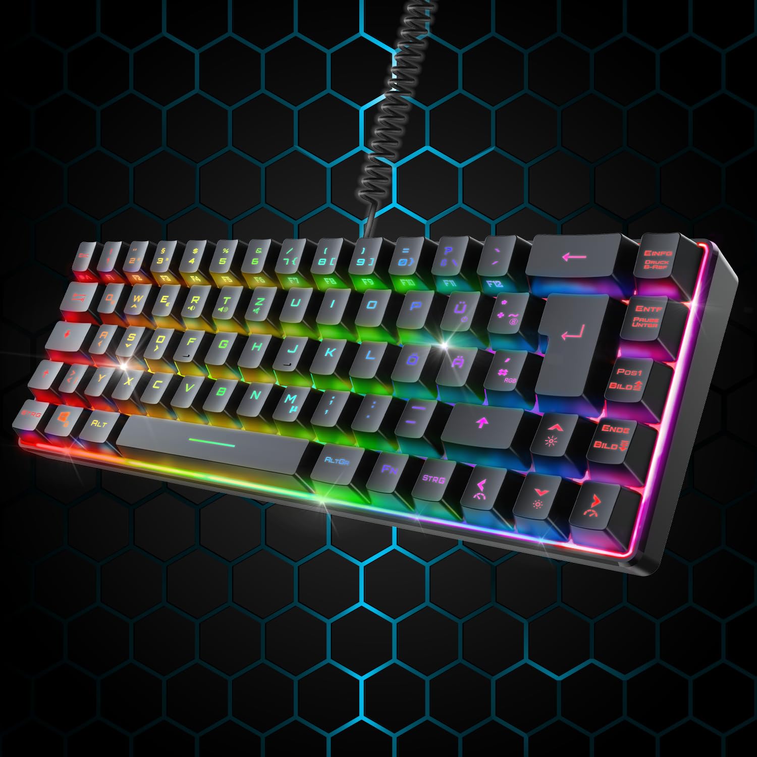 EMPIRE GAMING - K208 Tastiera cablata compatta TKL (DE-QWERTZ) a 69 tasti RGB - Cavo USB Type C rimovibile Plug & Play - PC/PS4/PS5/Xbox - 23 tasti anti-ghosting (nero)