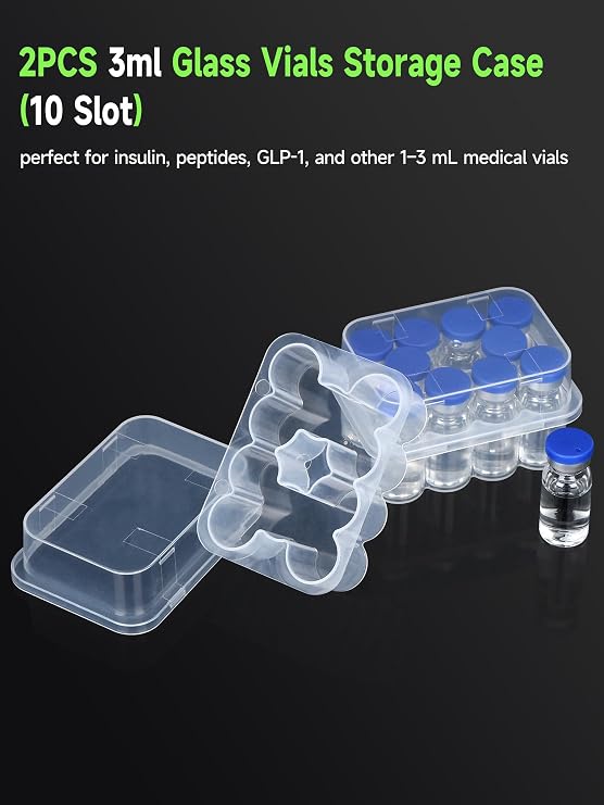 2-Pack Peptide Case for Fridge, 3ml Vial Holder for Refrigerator, 10-Slot Insulin & Peptide Holder Each, Transparent 1-3ml Vial Storage Case for Diabetic Care