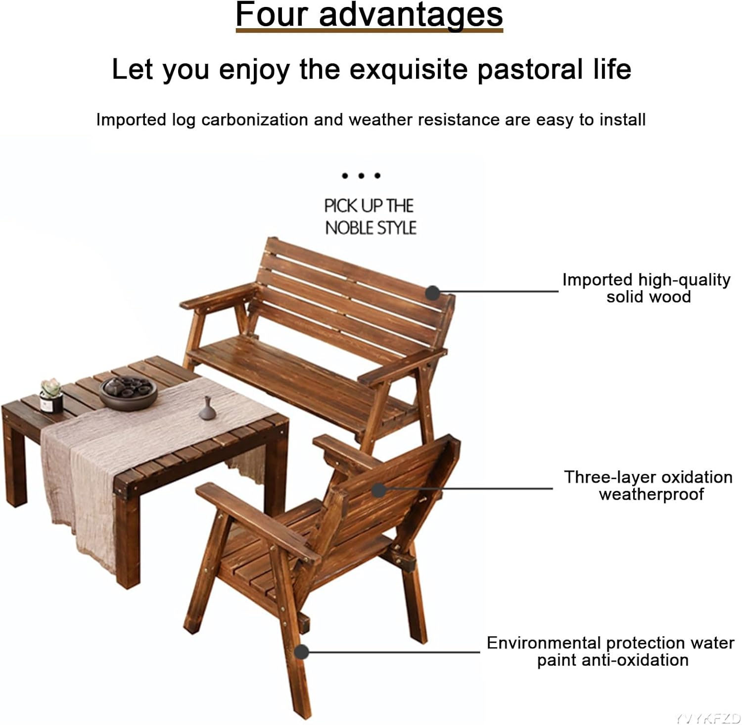 YVYKFZD Outdoor Garden Bench, Modern Wooden Patio Bench Seat, Park Bench Chair with Curved Design Backrest and Armrest, Durable and Comfortable Design, for Backyard, Poolside (Color : Carbonized Colo