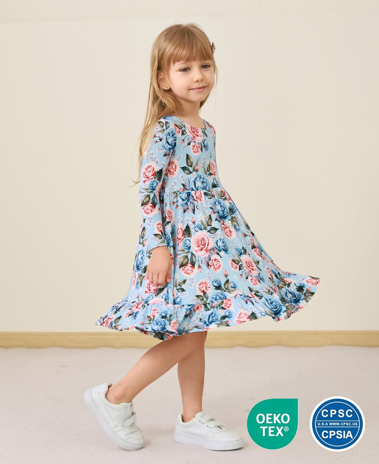 Toddler Girl Long Sleeve Dress 2T-5T, Soft Bamboo Viscose Backless A-Line Fall Clothes Twirl Dress - Image 5