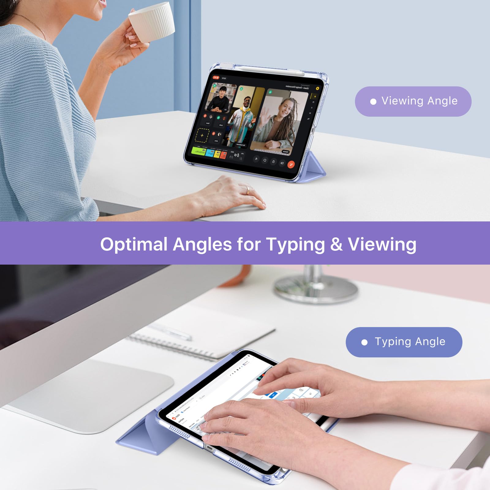 MoKo Cover per iPad Air 11 Pollici Case M3/M2 2025/2024, iPad Air 5a/4a Gen 10,9" Custodia 2022/2020 con Portapenna, Cover Trifold Sottile e Leggera con Retro in PC Rigido Traslucido, Lavanda Viola