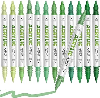 Green Acrylic Paint Pens, Water Based 12 Colors Dual Tip Acrylic Paint Markers for for Rock Painting Wood, Glass, Ceramic, Canvas, Fabric, Stone, DIY Crafts Making Art Supplies