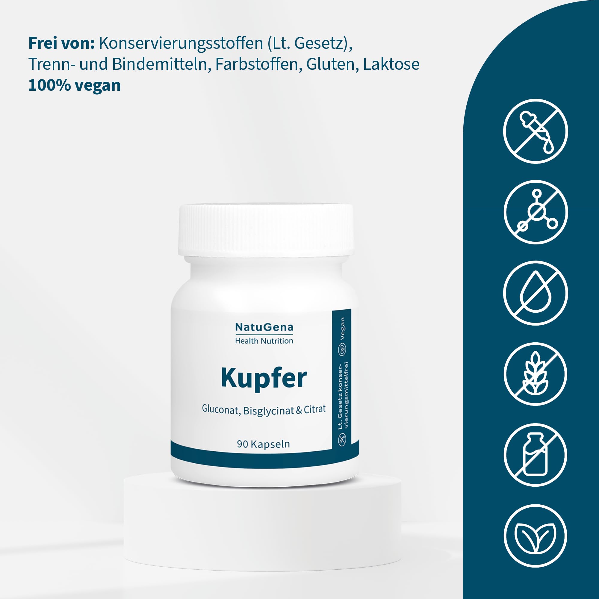 NatuGena Kupfer Komplex, 3 Kupferformen Gluconat Bisglycinat Citrat, Nerven- & Immunsystem, Haut- & Haarpigmentierung, Zellschutz antioxidativ, deutsche Herstellung, 90 Kapseln (3-Monats-Packung)