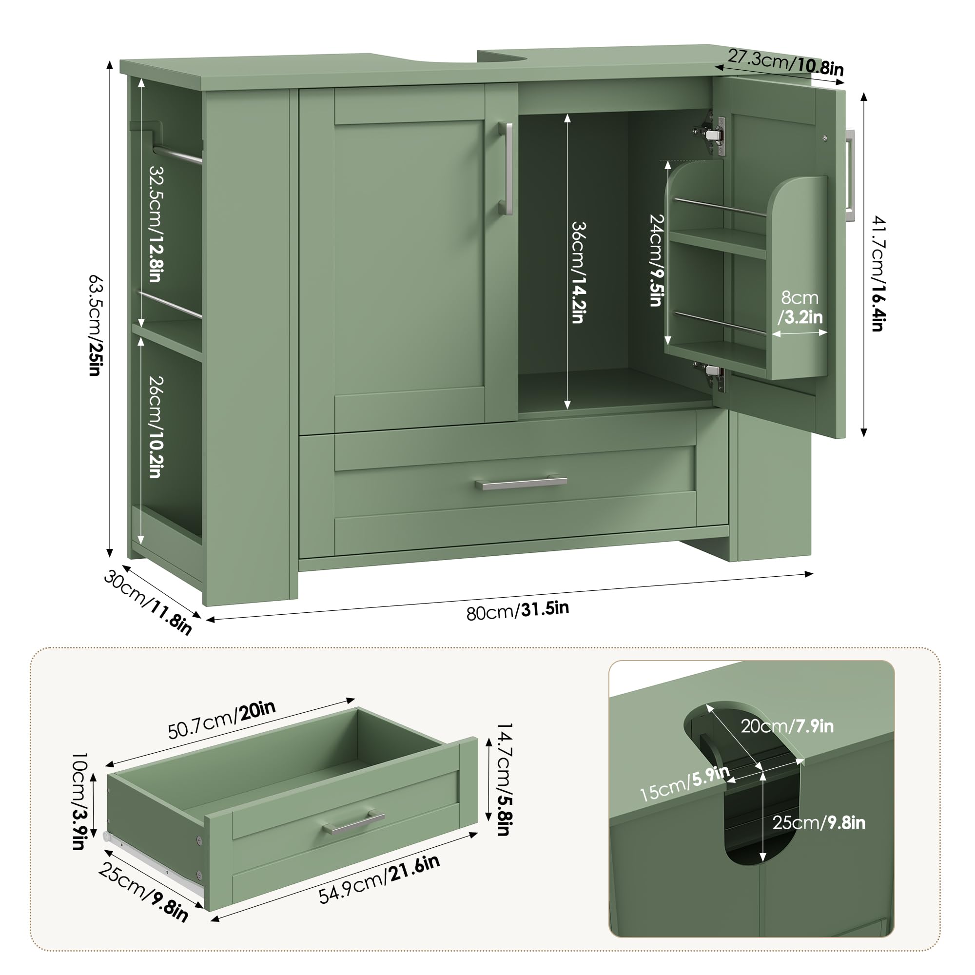 FOREHILL Szafka pod umywalkę, szafka dolna 80 x 30 x 63,5 cm, zielona | Szafka łazienkowa z 2 drzwiami, półkami, 1 szufladą i otwartymi półkami, metalowy drążek