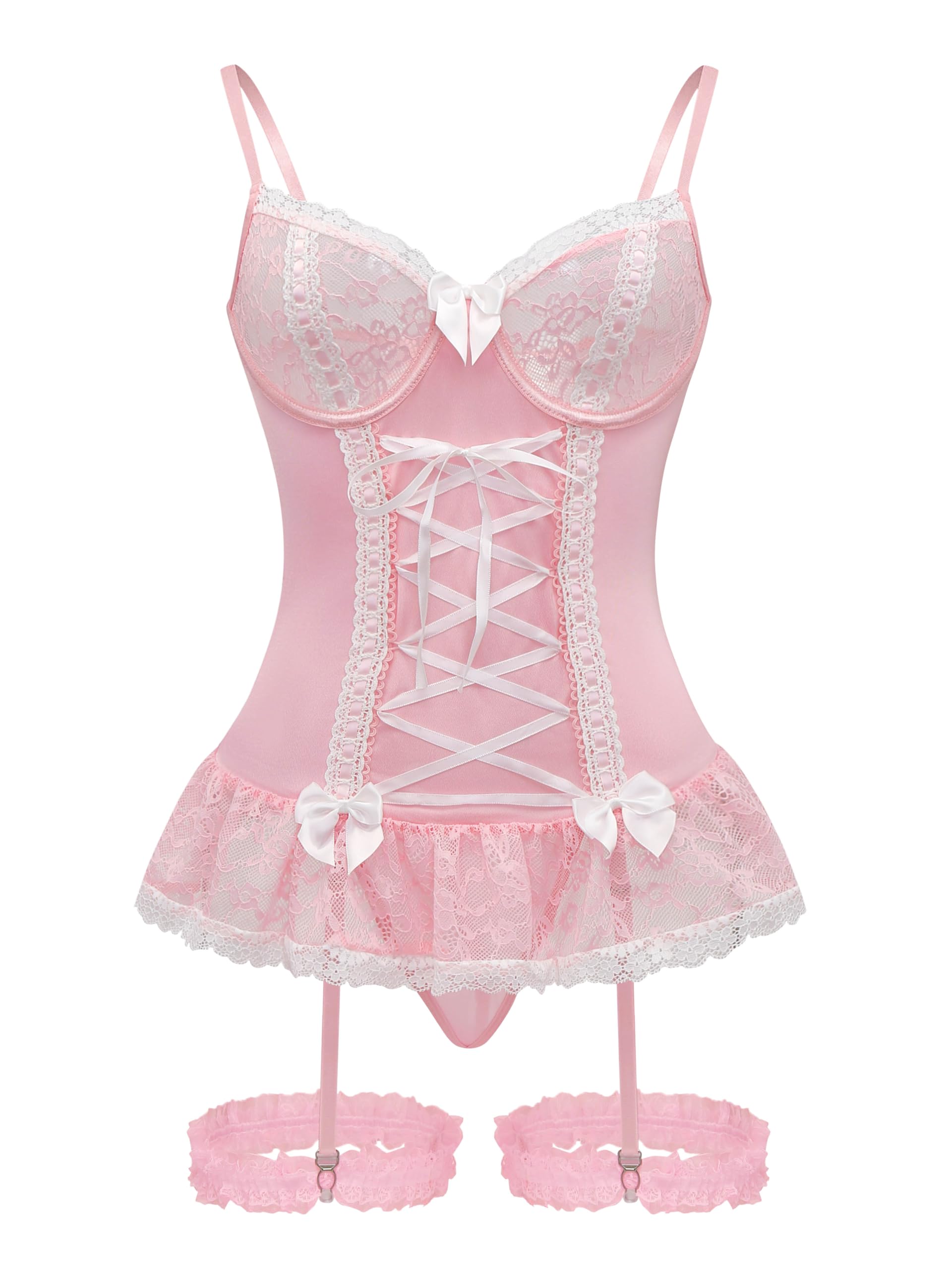GXNRHG Corsé de Malla Sexy con Volantes y Encaje con Aros, Liguero Transparente, picardías, Conjunto de lencería con Tanga, 3 Piezas