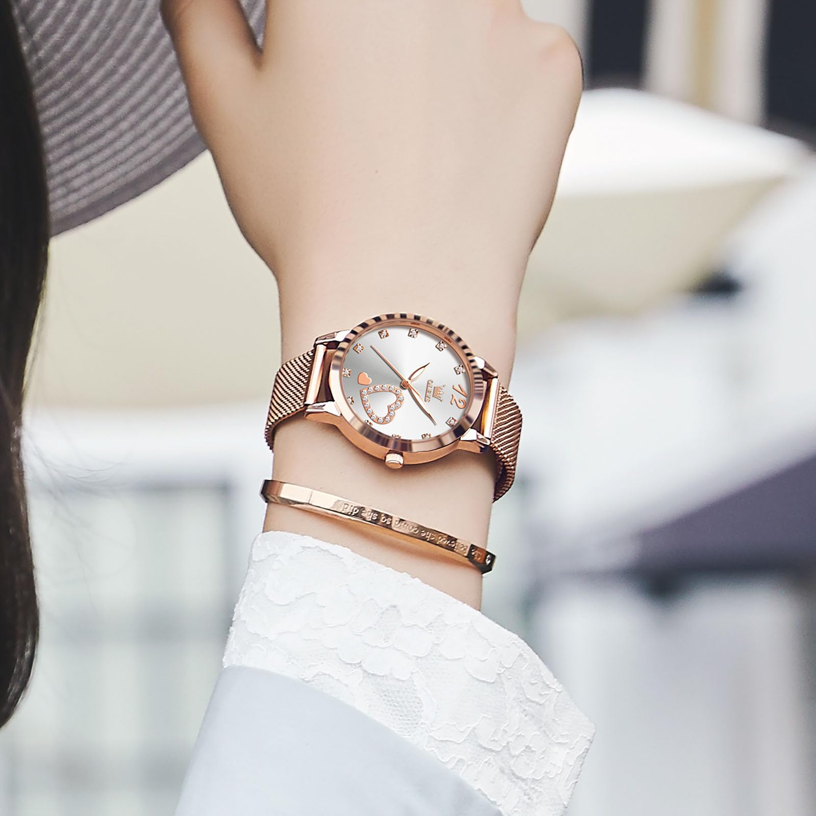 OLEVS Roségold Damenuhr Edelstahl, Lässig Klein Armbanduhr Damen Wasserdicht, Moderne Analog Uhr Damen mit Mesh Armband, Ultradünne Damen Uhr mit Diamant Herz