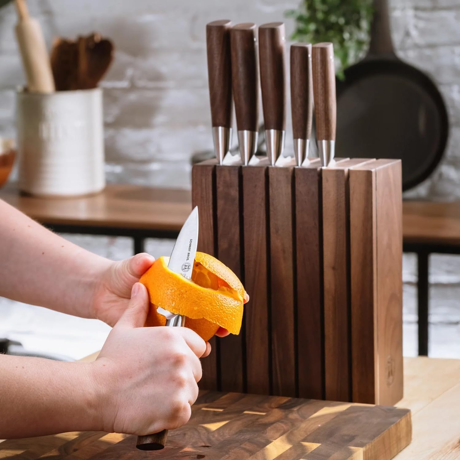 Schmidt Brothers - Skyline Magnetic Knife Block, Walnut Hardwood and Slotted Storage, Universal Cutlery Storage For Up To 6 Knives