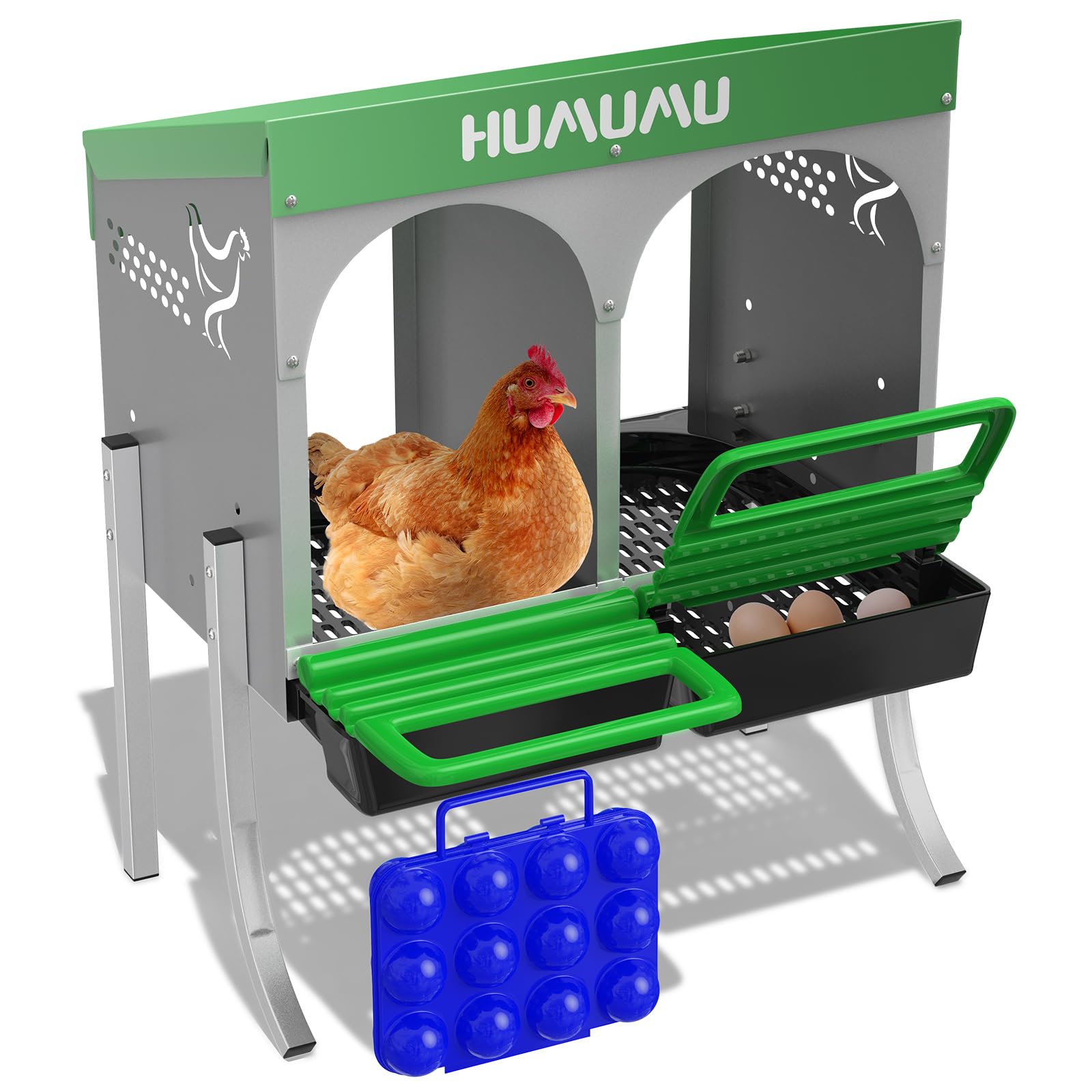 Photo 1 of HUMUMU Chicken Nesting Box-2 Compartment Galvanized Stainless Steel Egg Laying Box with Swing Perch and Rollout Egg Collection for Chicken Coop Up to 8 Hens (with Legs) Green 2 cages with Legs