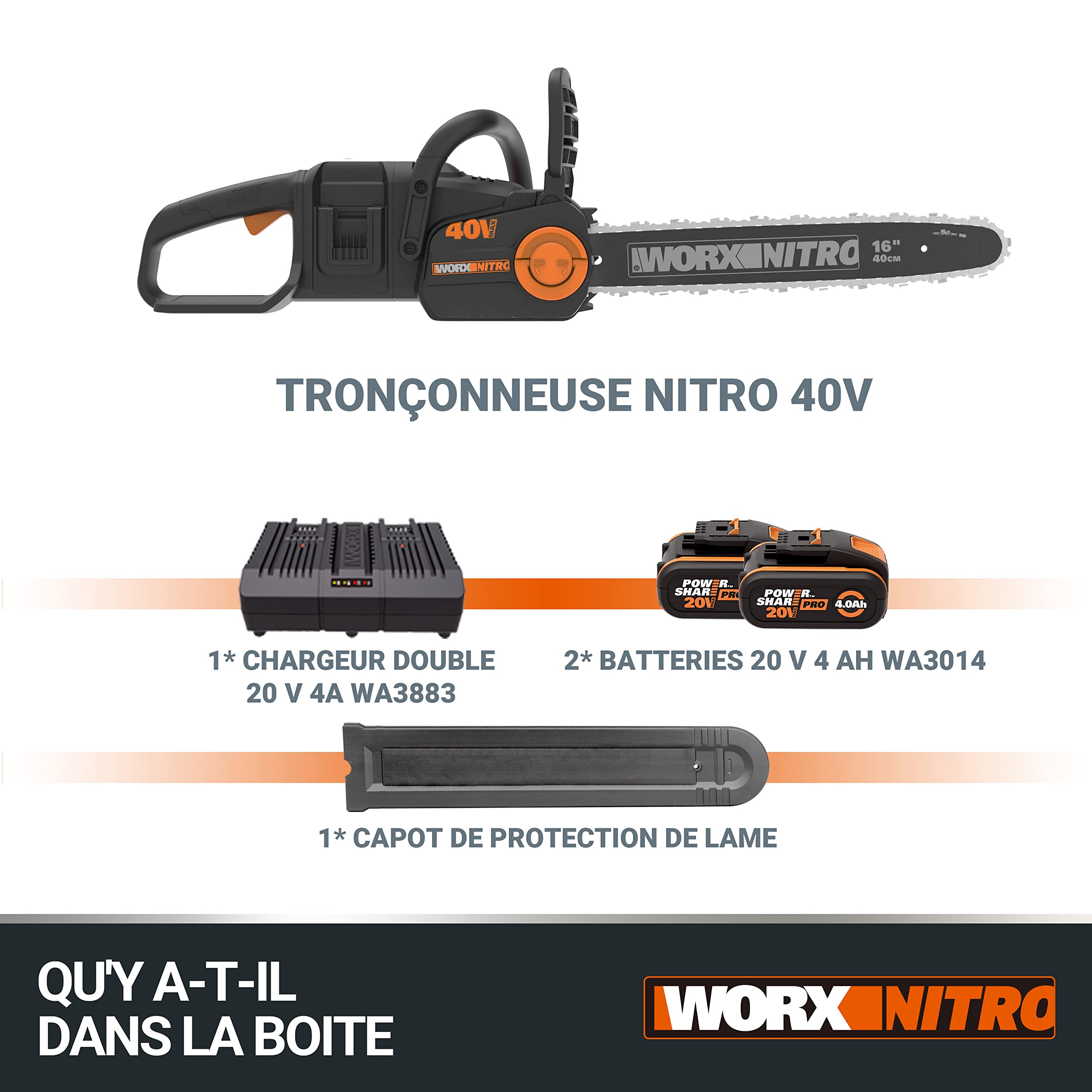 WORX WG385E Nitro Akumulatorowa Pilarka Łańcuchowa 40V(2 x 20V), Silnik Bezszczotkowy, Automatyczne Napinanie i Smarowanie Łańcucha, Długość Cięcia 40 cm, Prędkość Cięcia 18m/s
