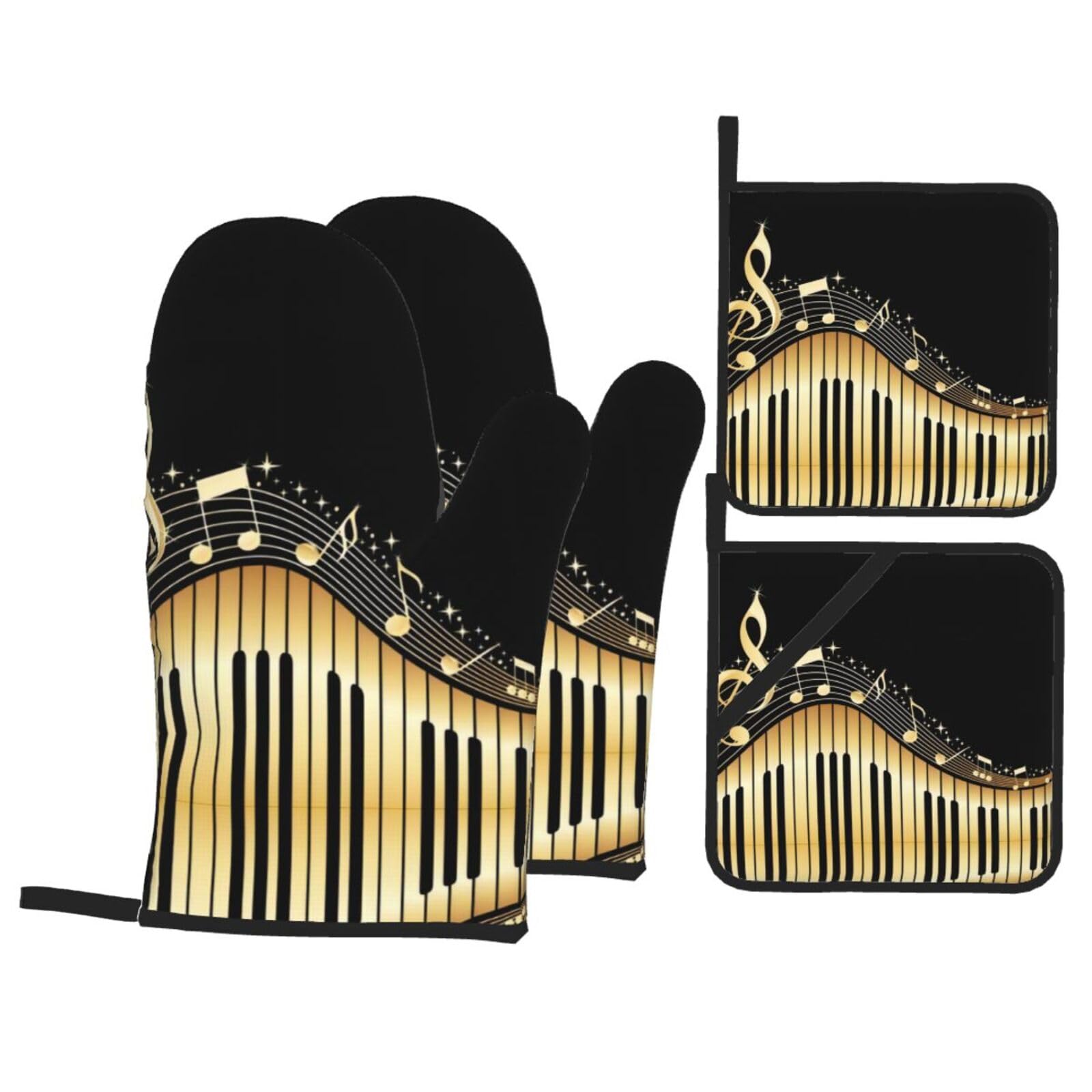 YYHHAOFA Novel Music Note Prints Kitchen Baking Set with Heat Resistant Pot Holders & Oven Mitts - Waterproof Layer for Hot Dishes, Grill & Microwave
