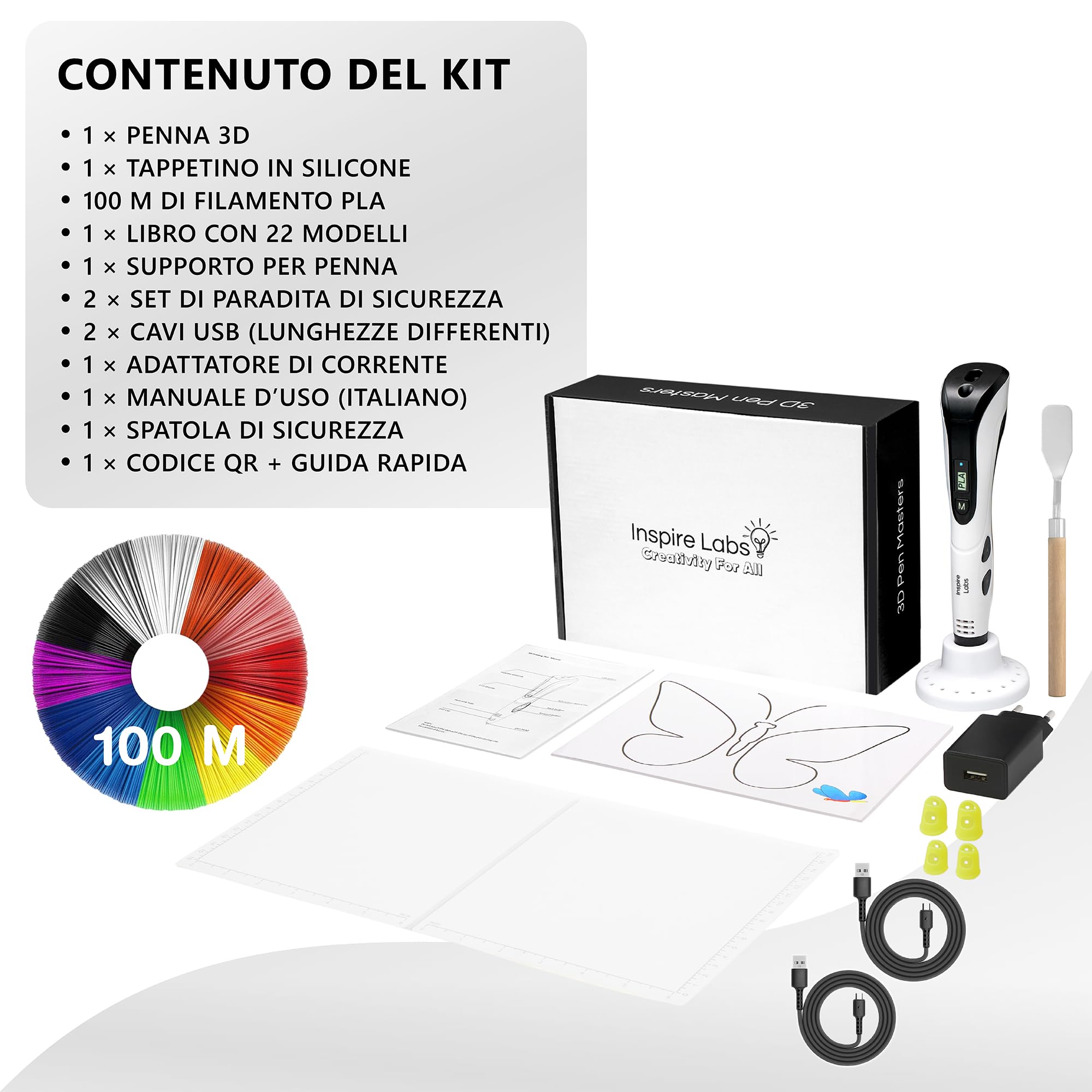 Penna 3D Inspire Labs, Creatività e Divertimento per Bambini e Adulti con Spegnimento Sicuro, Base in Silicone, Modalità Automatica/Manuale, 100 M Filamento PLA (20 Colori) + Guida in Italiana