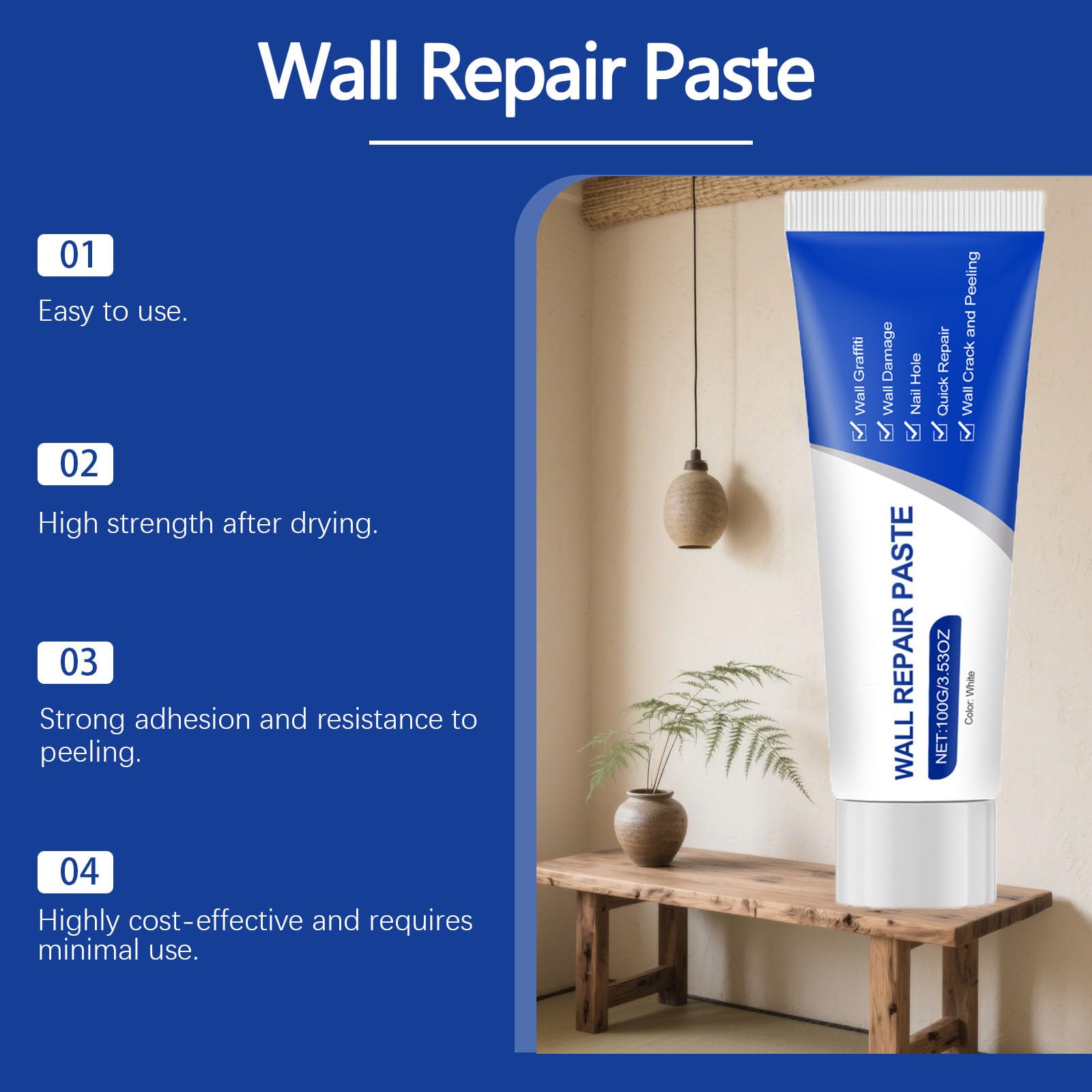 Kit de pasta de reparación de pared multifuncional con raspador y papel de lija, compuesto de masilla de secado rápido para grietas, agujeros, agujeros para uñas, arañazos y graffiti (7 unidades)